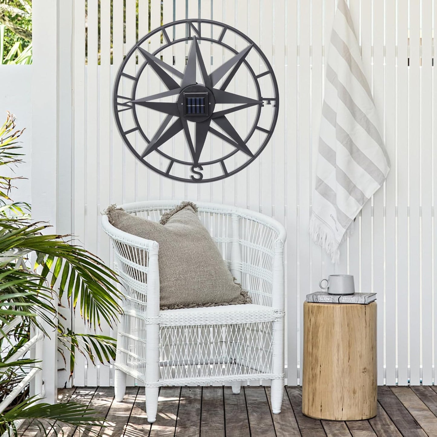 MUMTOP Metal Compass Wall Decor, 22 Inch Nautical Wall Sculpture with Solar Lights, Hanging Art for Farmhouse Indoor or Outdoor Sign