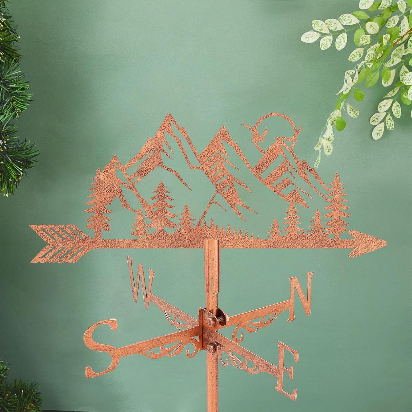 SUPERDANT Mountain Weathervane Forest Tree Sun Weather Vane for Yard Metal Wind Vanes Roof Mount for Outside Garden Copper Red Weathervanes Farmhouse Farm Barn Sheds Patio Outdoor Decorations Gifts