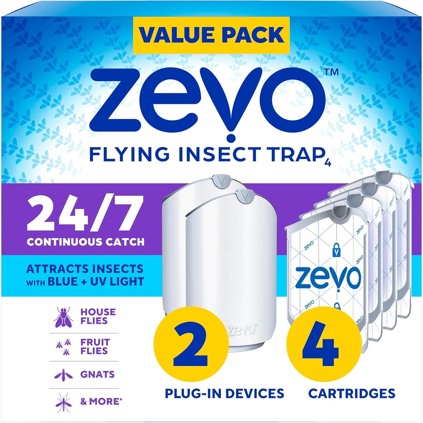 Zevo 2 Flying Insect Traps & 4 Refill Cartridges - Plug in Fly Trap & 