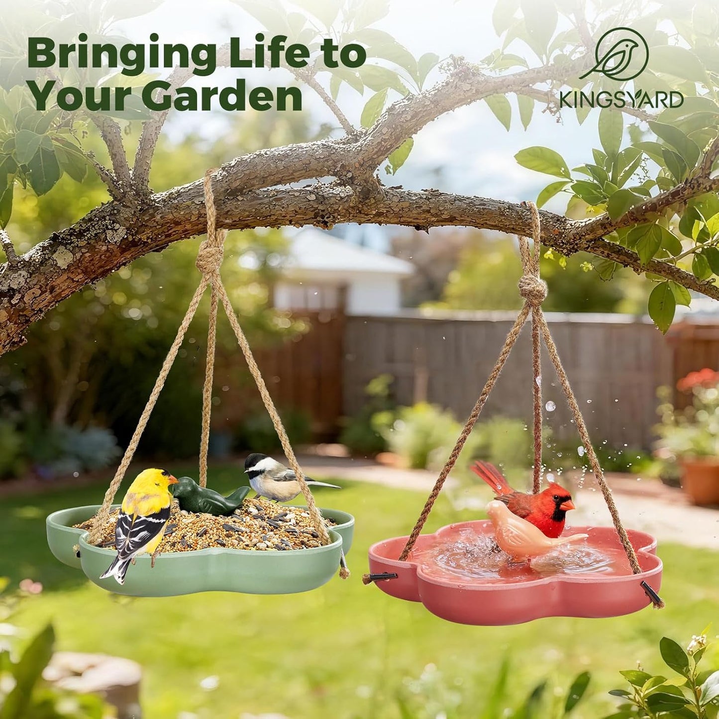Kingsyard Hanging Bird Feeder and Bath for Outside, 9" Vintage Imitation Ceramic Platform Bird Feeder Tray for Outdoors, Heavy Water Bowl Birdbaths for Garden Patio Decoration Gifts, Orange
