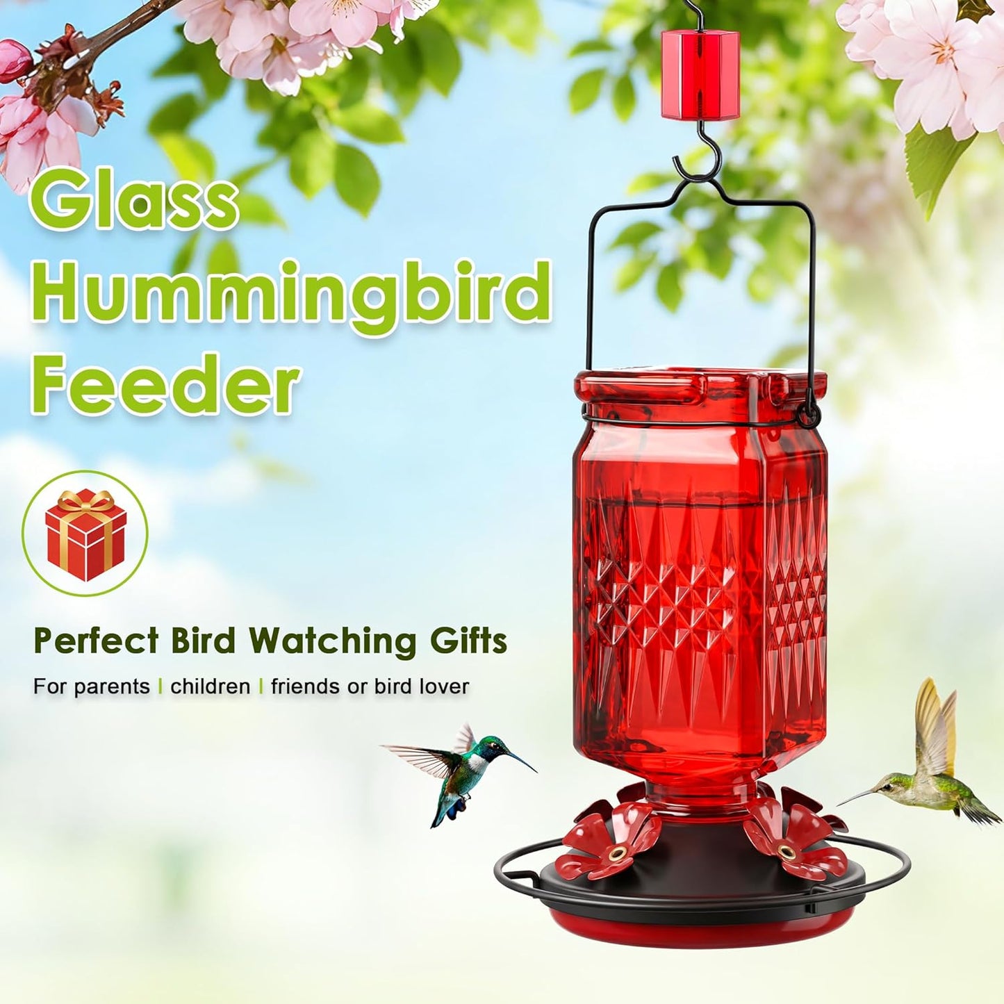 20oz Glass Hummingbird Feeder for Outdoors Hanging, Bird Nectar Feeder