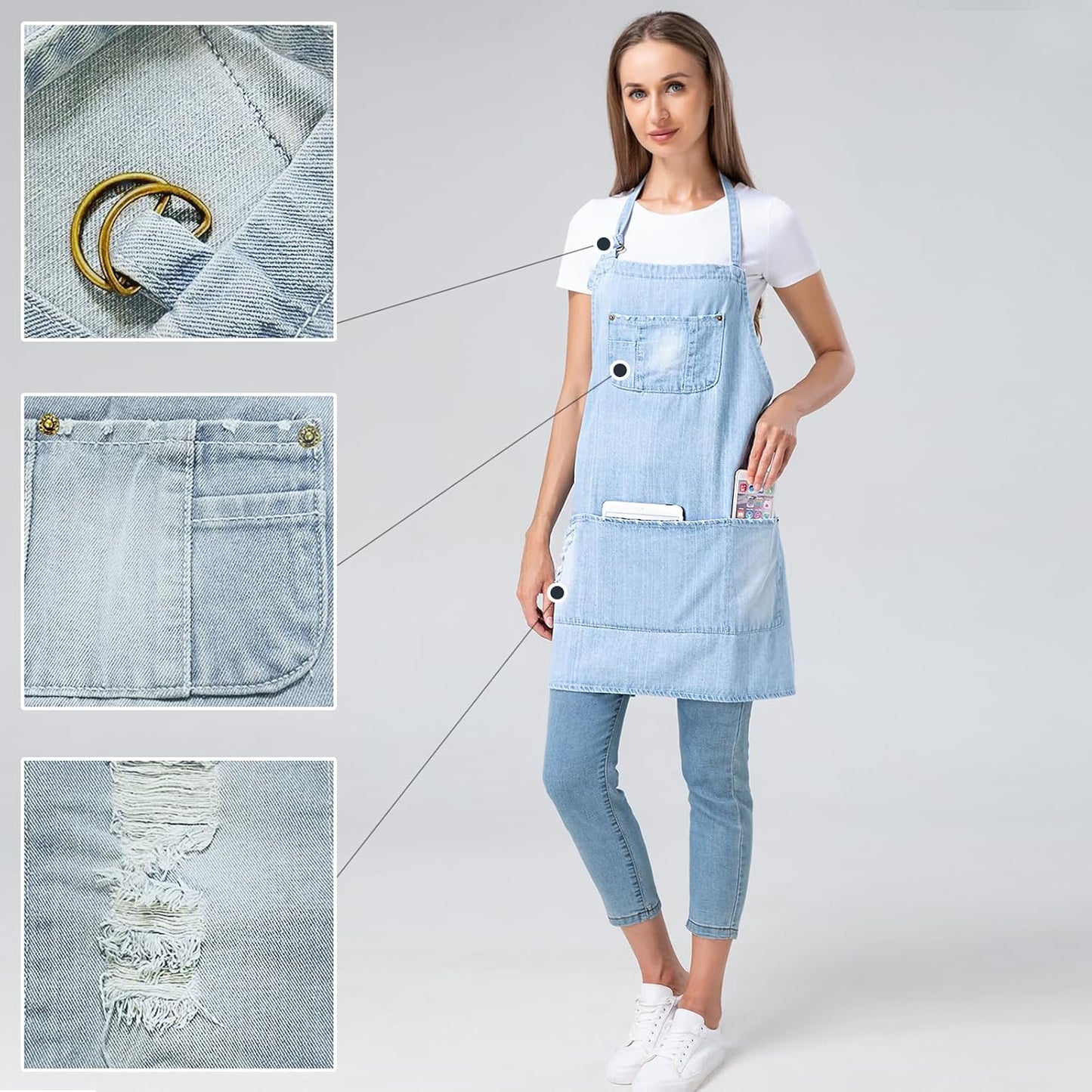 Denim Apron With 5 Pockets for Kitchens,Hairstylist Aprons for Women M