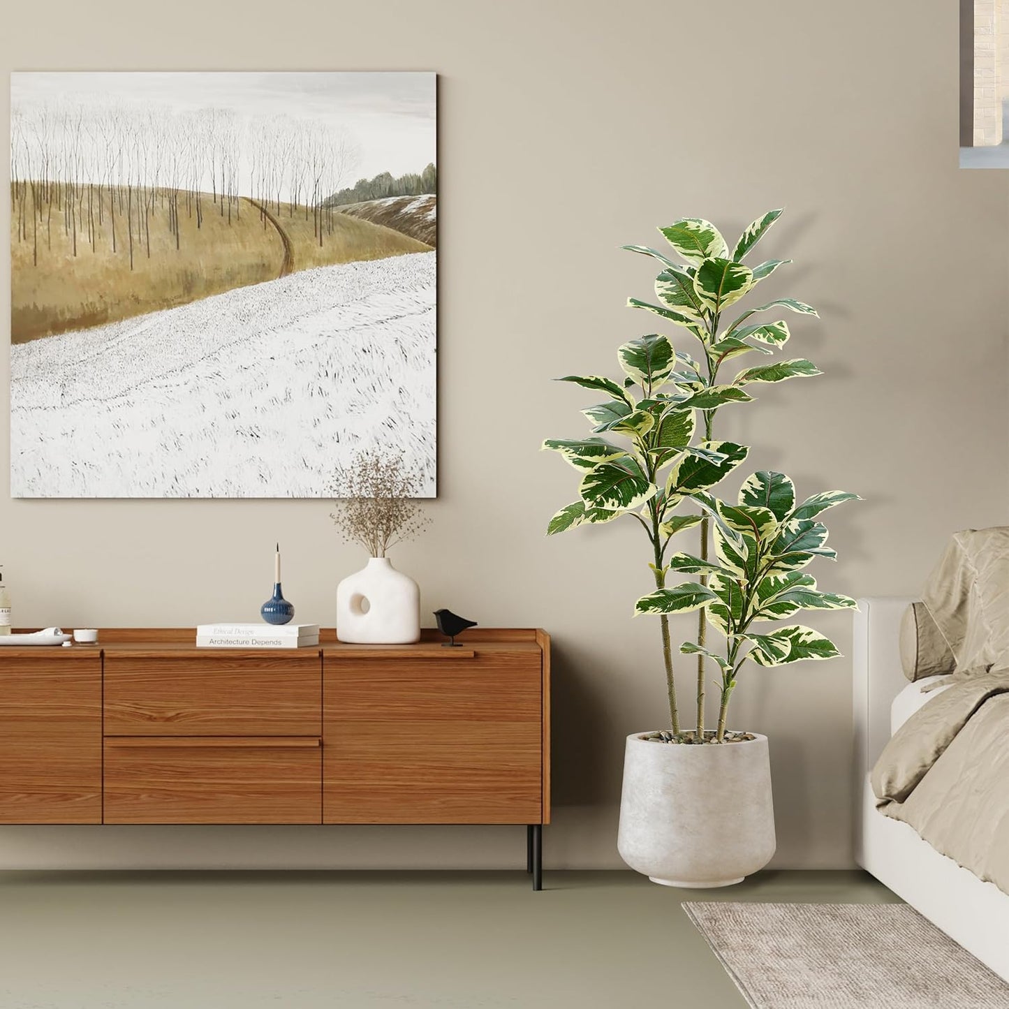 Artificial Rubber Plant, 5FT Faux Plants Indoor Fake Rubber Tree with White Planter, Tall Fake Plants Potted Tree Floor Plant in Pot, Artificial Trees for Home Office Room Outdoor Decor