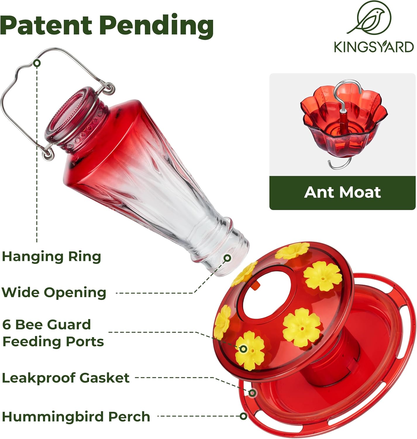 Kingsyard Glass Hummingbird Feeders for Outdoors Hanging Ant & Bee Pro