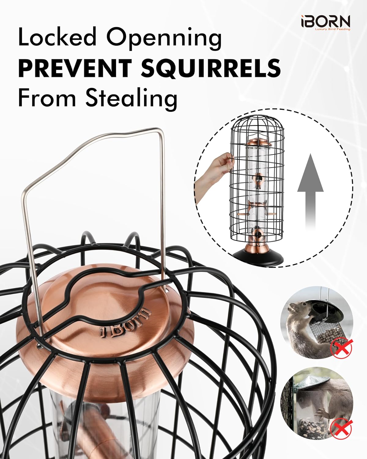 iBorn Bird Feeders Hanging - Squirrel Proof Bird Feeders for Outdoors, Pigeon Proof Caged Feeder, Heavy Duty All Metal Copper 14 Inch, Hanging Cage Feeder for Mix Seed Blends & Garden