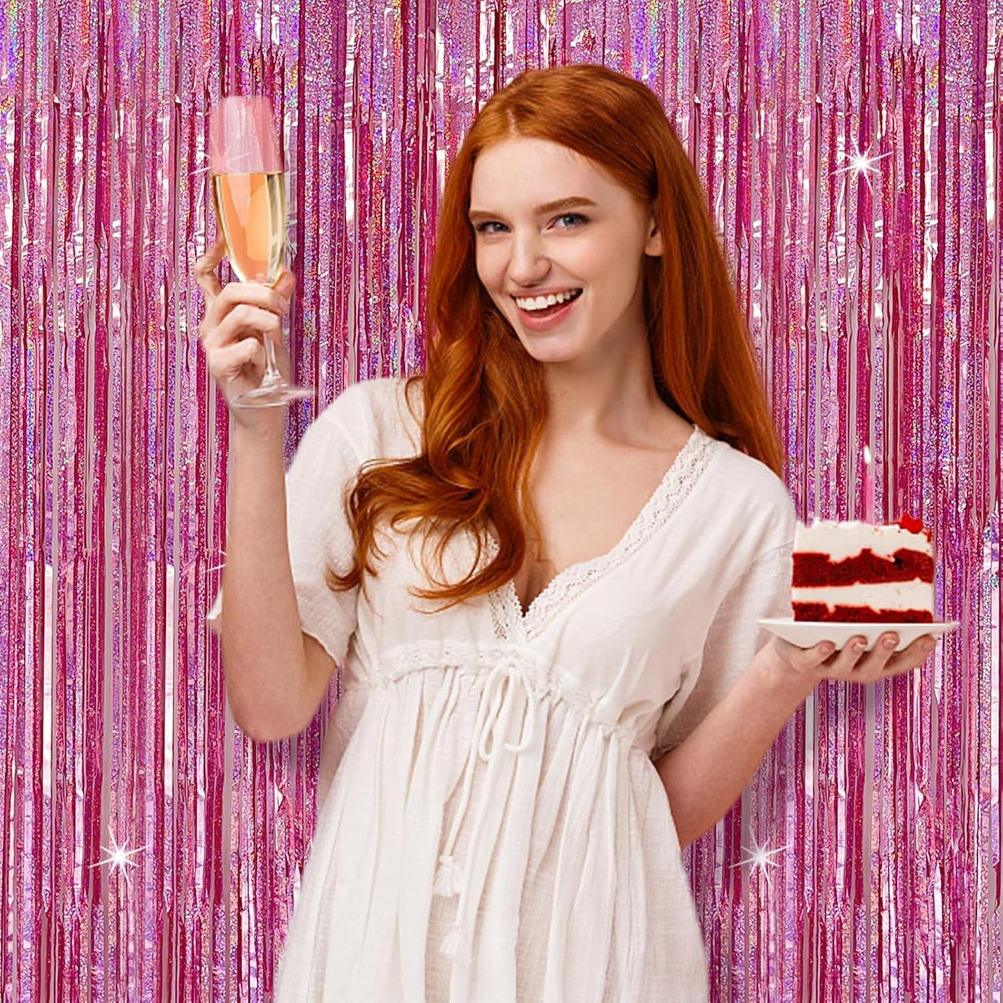 Tinsel Curtain Pink Birthday Party Decorations 2 Packs Glitter Foil Fringe Curtain Decor Streamers Photo Booth for Birthday Christmas Wedding Halloween Graduation