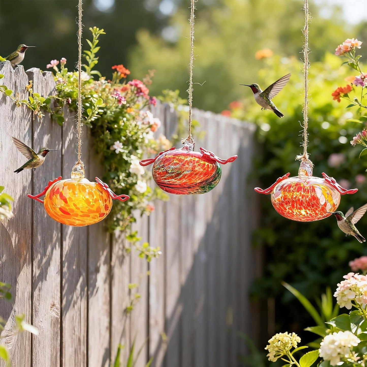 Set of 3 Blown Glass Hummingbird Feeder for Outdoors Hanging Ant and Bee Proof Hummingbirds Feeders Handmade Garden Decor Gift for Women