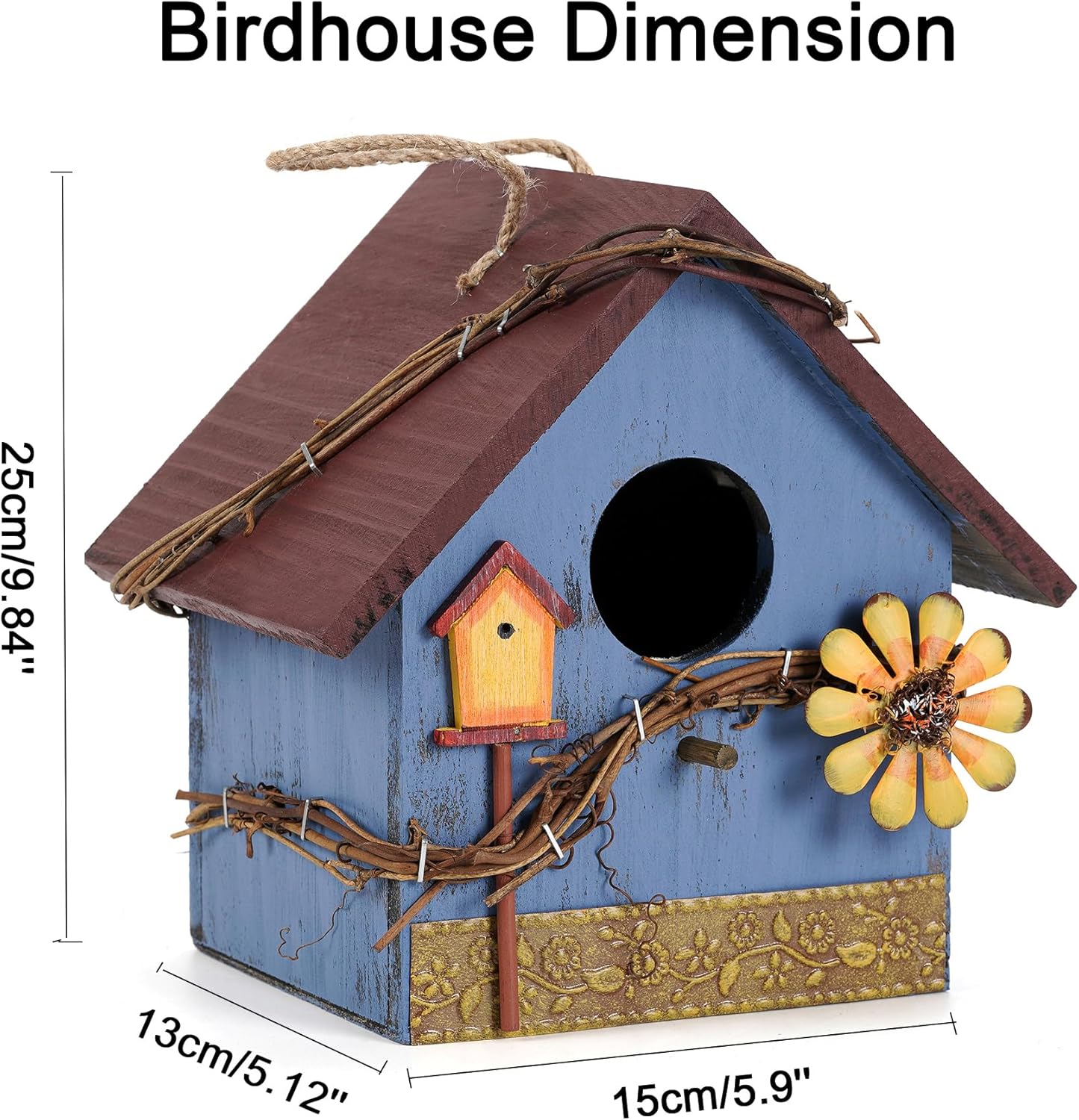 Hanging Bird Houses for Outside Decorative Birdhouse, Garden Bird Feeders for Outdoors, Blue Wooden Bird Nest Box for Wren Finchs Hummingbird Cardinal Bluebird Wild Birds, Gift for Bird Lovers