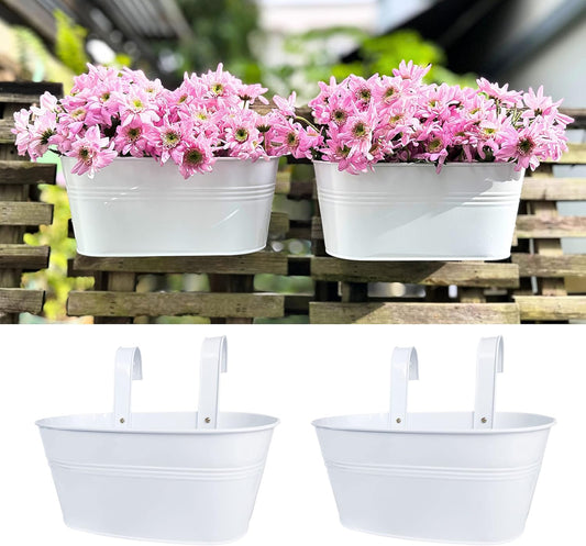 LaLaGreen Outdoor Rail Planter (2 Pack, 11.8 Inch) Metal Iron Hanging Flower Pot Deck Railings White Fence Bucket Modern Countryside Boho Style Wall Mount Window Box Plant Holder Hooks Porch Decor
