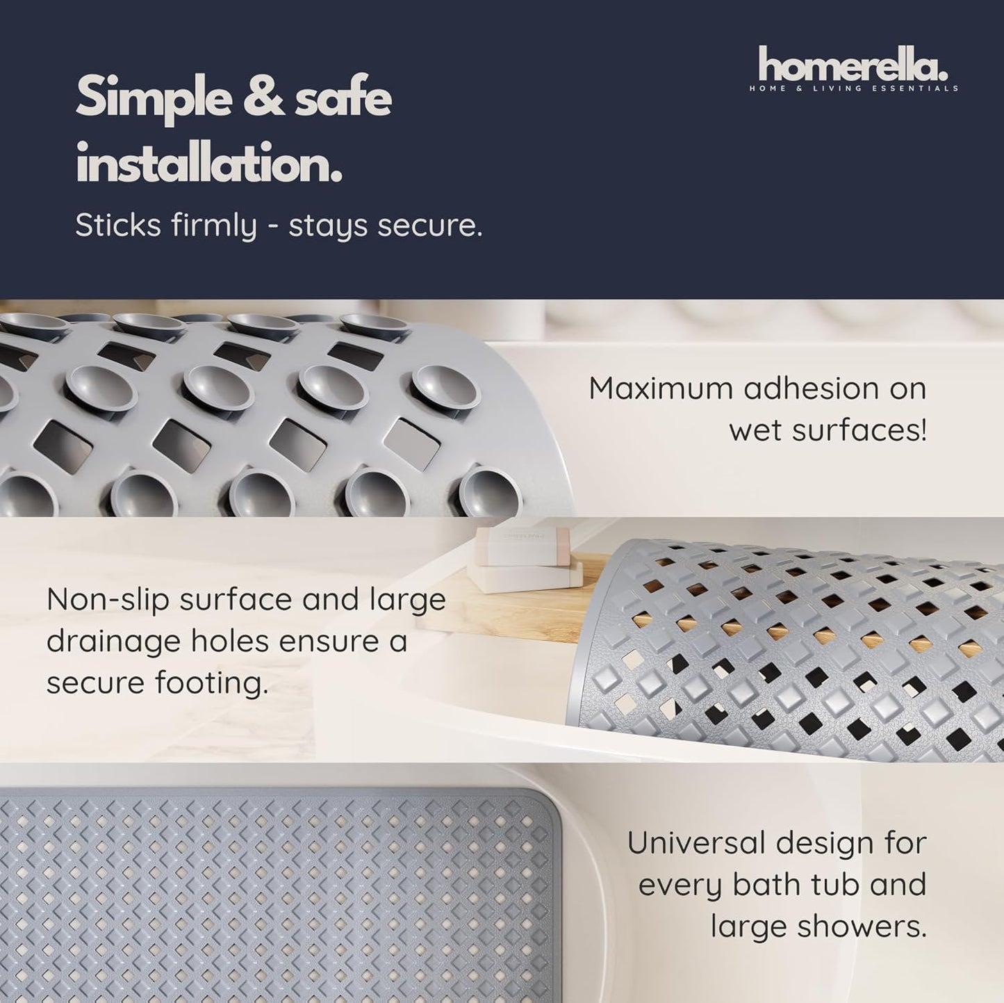 Bathtub Mat Non Slip 35x16 - homerella® Bath Mat Incl. Hooks for Dryin