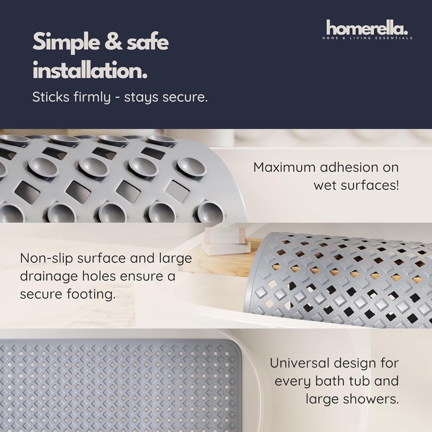 Bathtub Mat Non Slip 35x16 - homerella® Bath Mat Incl. Hooks for Dryin