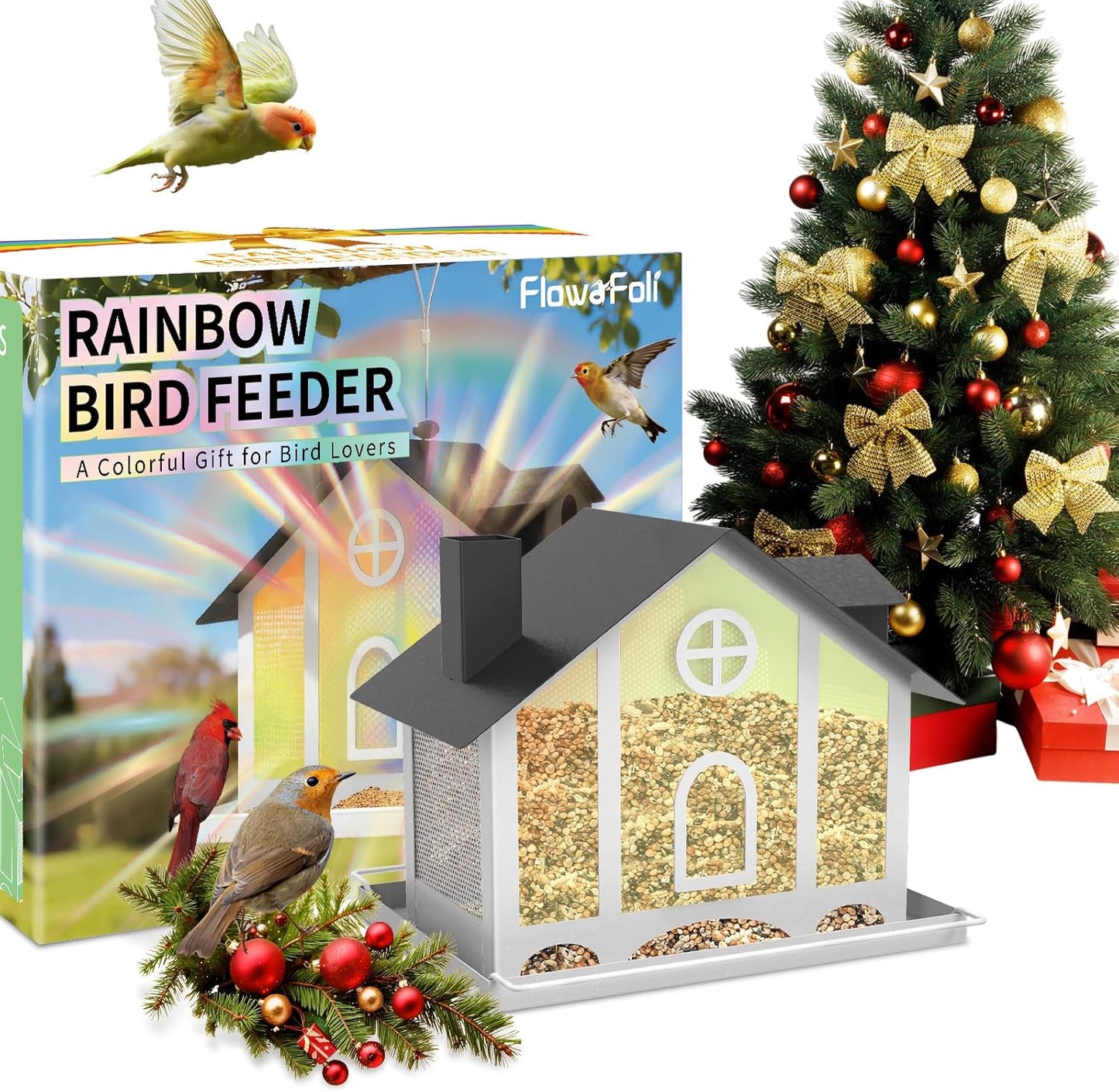 Bird Feeder House for Outside, Decorative Large Bird Feeders for Outdoors with Rainbow Acrylic Panels, Ideal Gift for BirdLovers to Attract Feathered Friends Year-Round