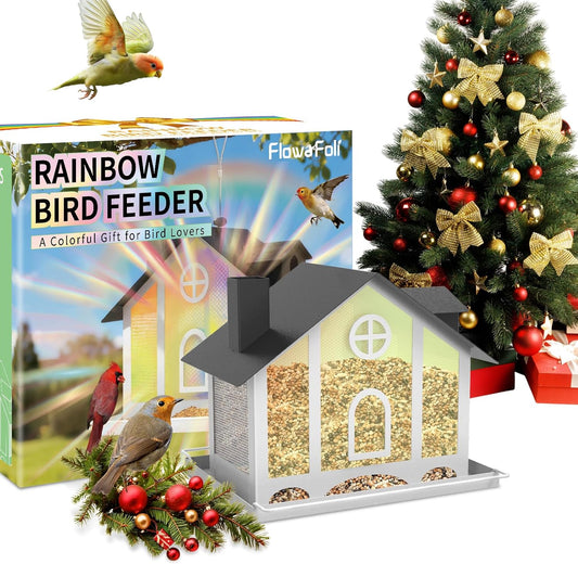 Bird Feeder House for Outside, Decorative Large Bird Feeders for Outdoors with Rainbow Acrylic Panels, Ideal Gift for BirdLovers to Attract Feathered Friends Year-Round