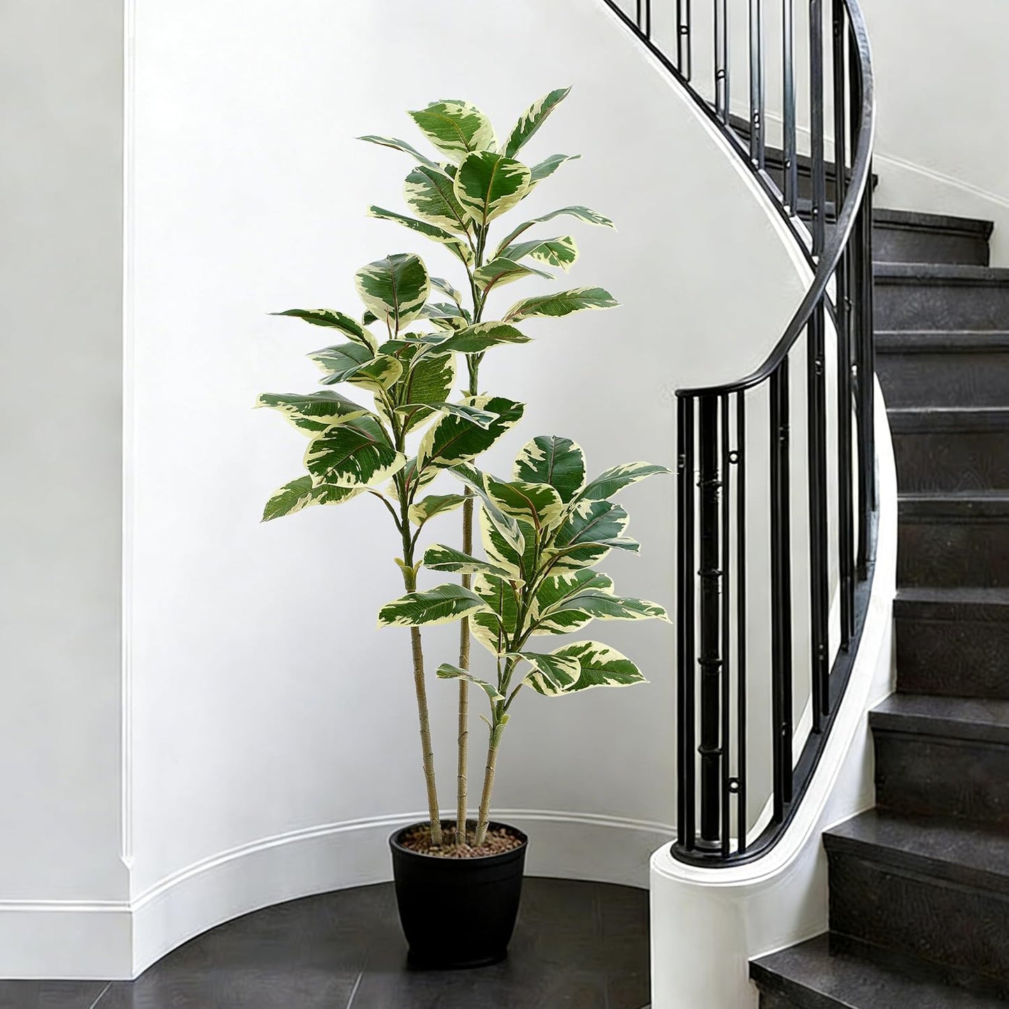 Artificial Rubber Plant, 5FT Faux Plants Indoor Fake Rubber Tree with White Planter, Tall Fake Plants Potted Tree Floor Plant in Pot, Artificial Trees for Home Office Room Outdoor Decor