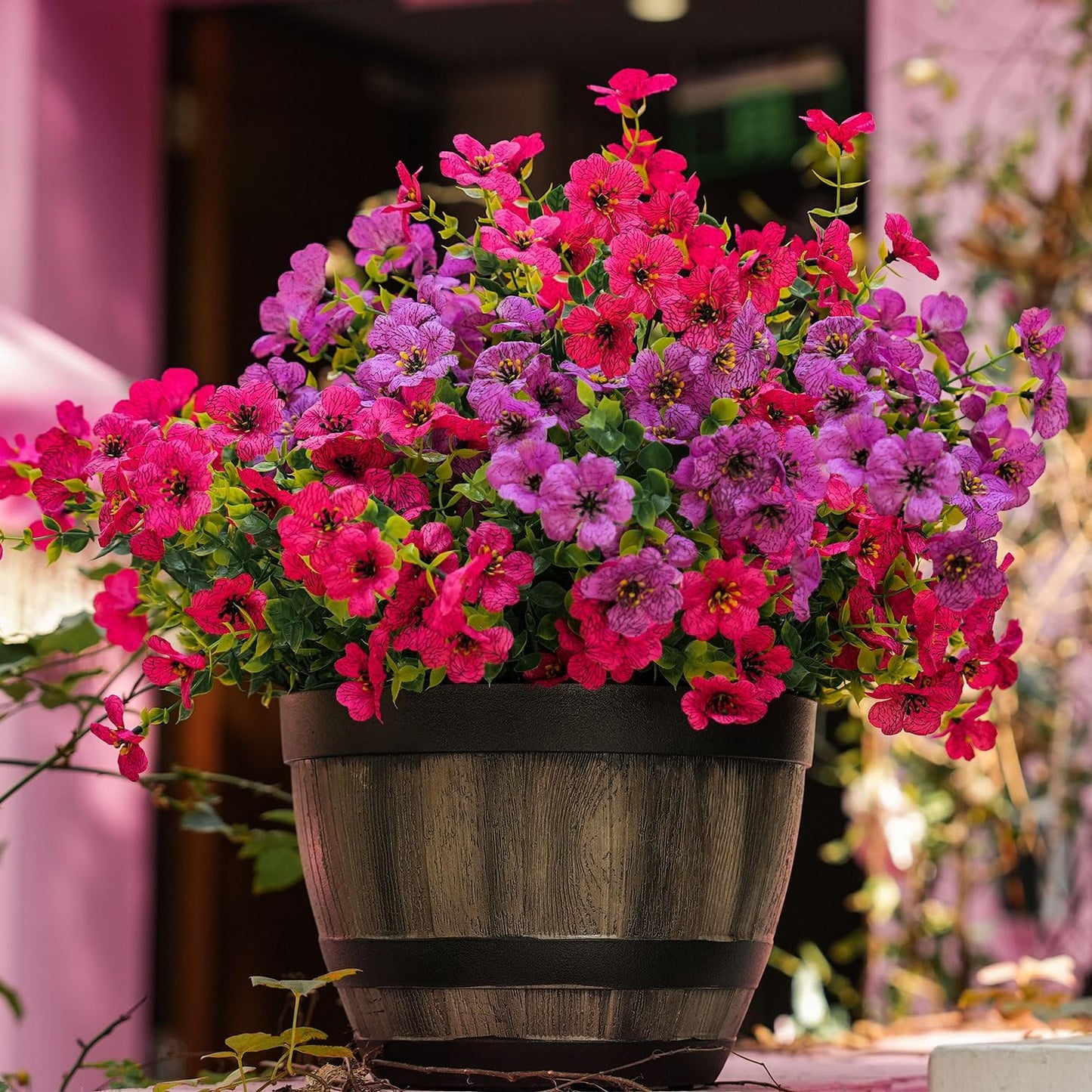 Artificial Faux Outdoor Indoor Plants Flowers for Spring Summer Decoration, 12 Bundles Fake Silk Daisy Eucalyptus Realistic UV Resistant for Outside Planter Pot Window Porch .（Purple and pink）