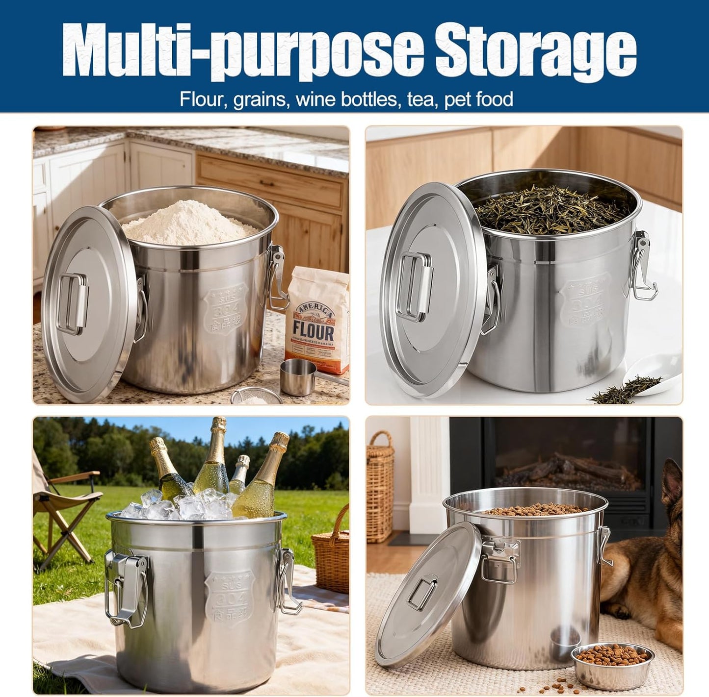 Stainless Steel Dog Food Storage Containers with Airtight Lid and Locking Clamp, Fits up to 12Lbs, Large Pet Food Storage Container Metal Pet Food Bin for Dogs, Cats & Birds Seed, Keep Fresh