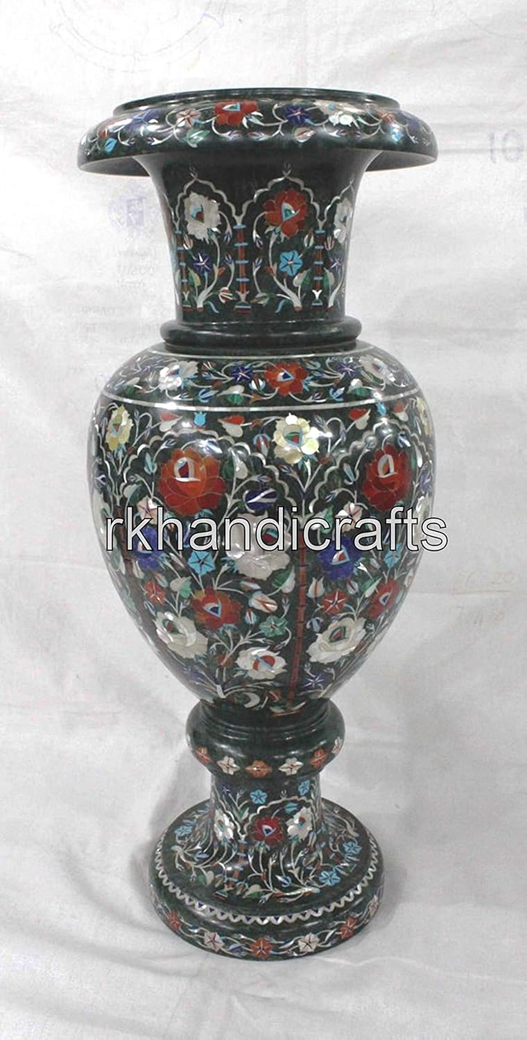 21 Inches Royal Look Green Marble Plant Stand for Bar and Hotel Decor Shiny Gemstone Inlay Work Flower Pot
