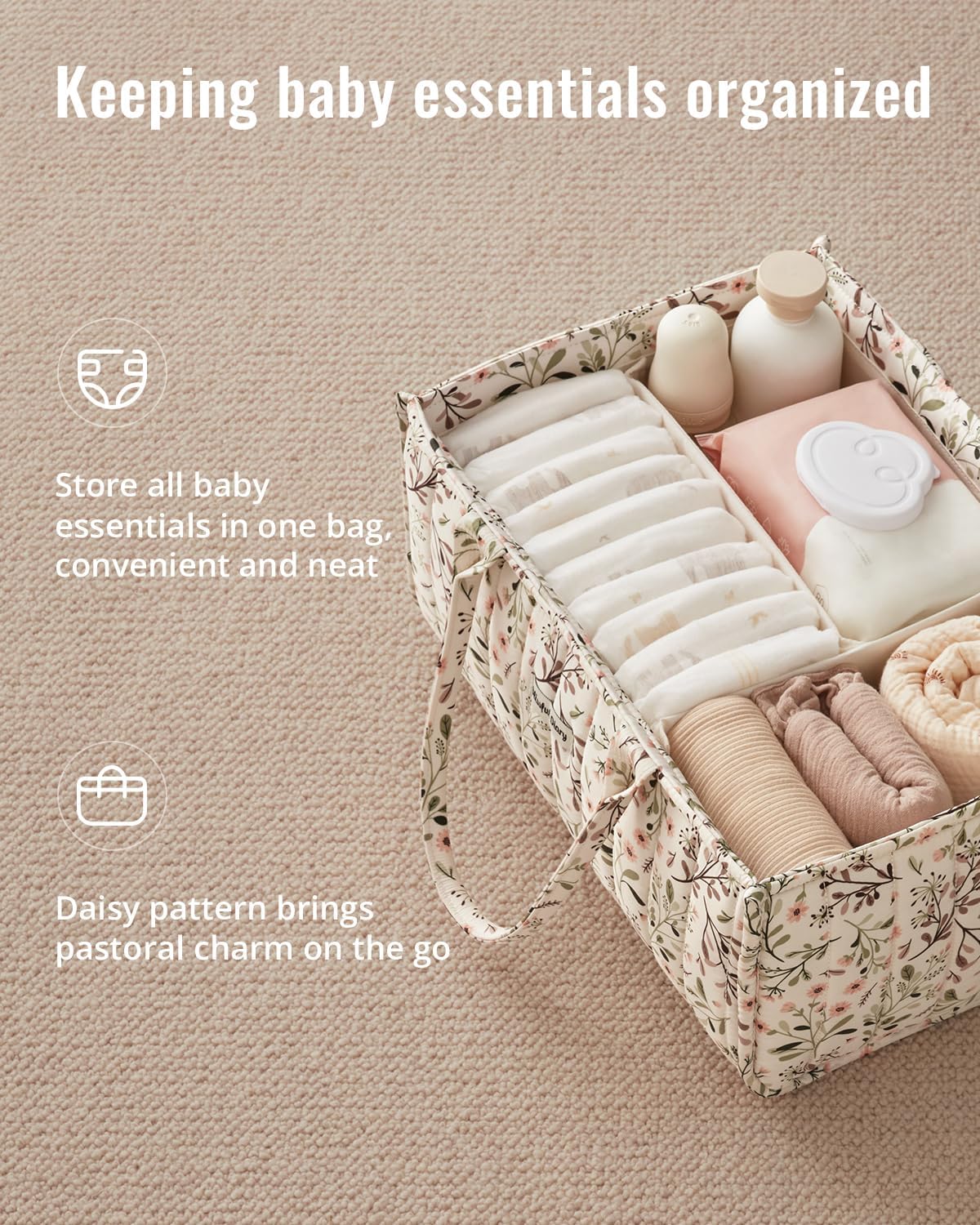 Blissful Diary Floral Diaper Caddy Organizer, Stylish Nursery Storage 