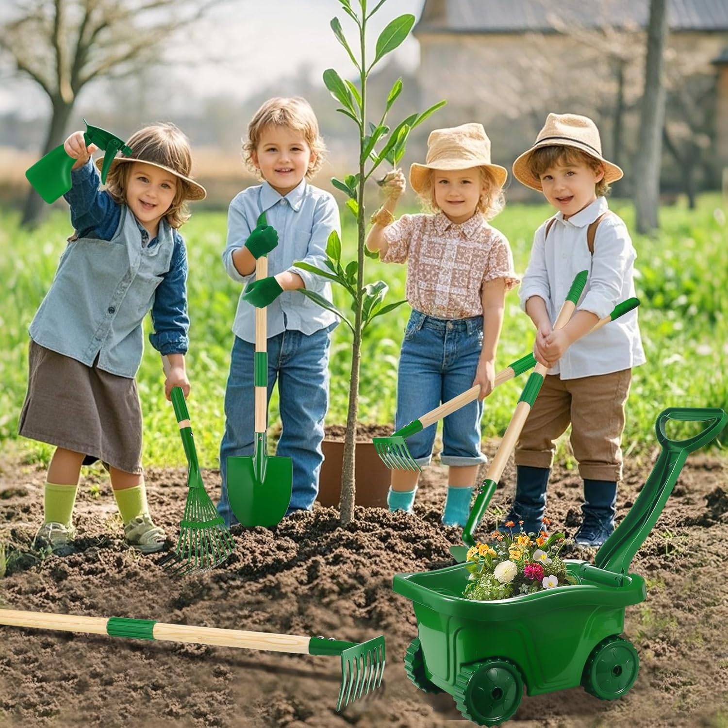 Duckura Kids Gardening Tools Set - 10pcs Wheelbarrow Set for Kids with