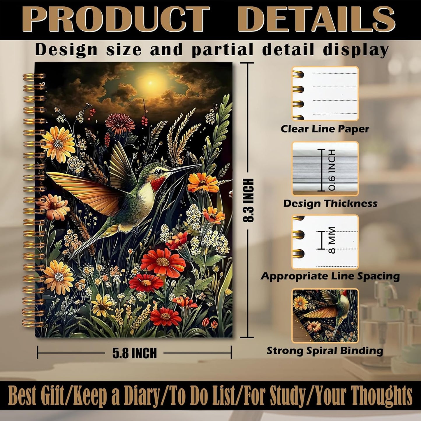 FITIE Rustic Hummingbird Bird Birding Notebook, Bird Watching Journal for Women Men, Dark Cottagecore Floral Birding Botanical Hardcover Spiral Notebooks College Ruled 5.5 x 8.3