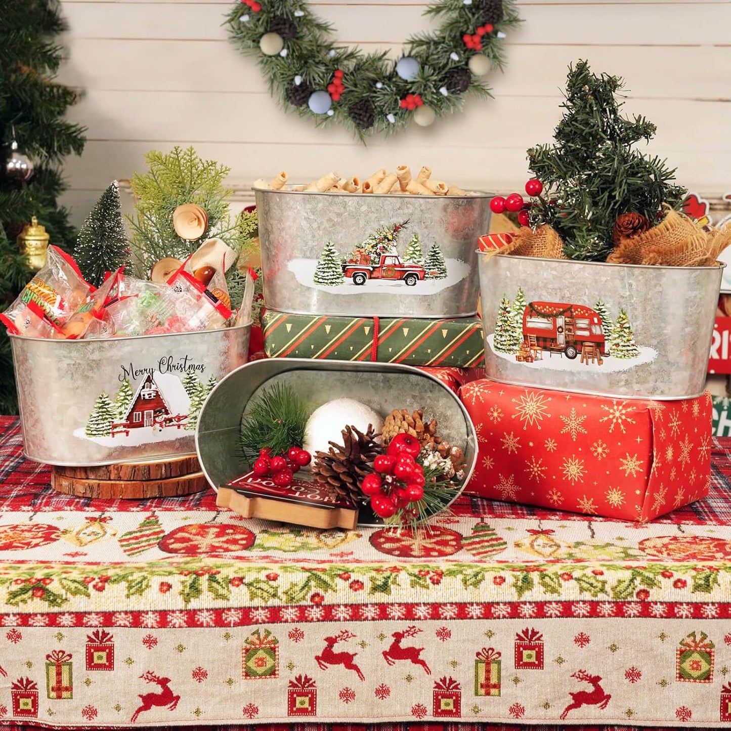 Putuo Decor Christmas Metal Buckets, 5 Pieces Christmas Tin Pots Small Christmas Decorations Oval Pots, Galvanized Beverage Tubs Small Pails for Party Home Table Centerpieces Storage Decor 9in