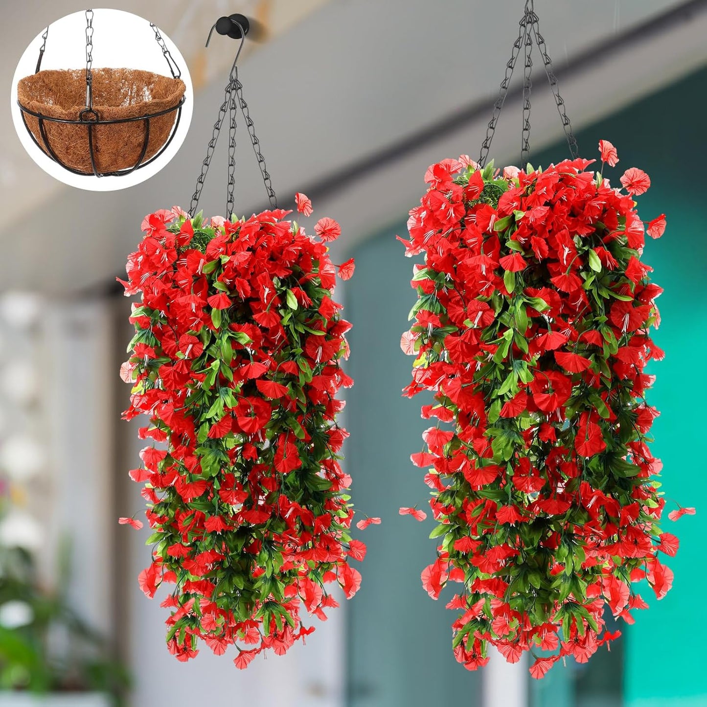 Hotop 2 Set Artificial Flowers with Hanging Basket Includes 6 Pcs Morning Glory Vines Faux Outdoor Hanging Plants Waterproof UV Resistant Fake Flowers for Patio Spring Summer Decor(Red)