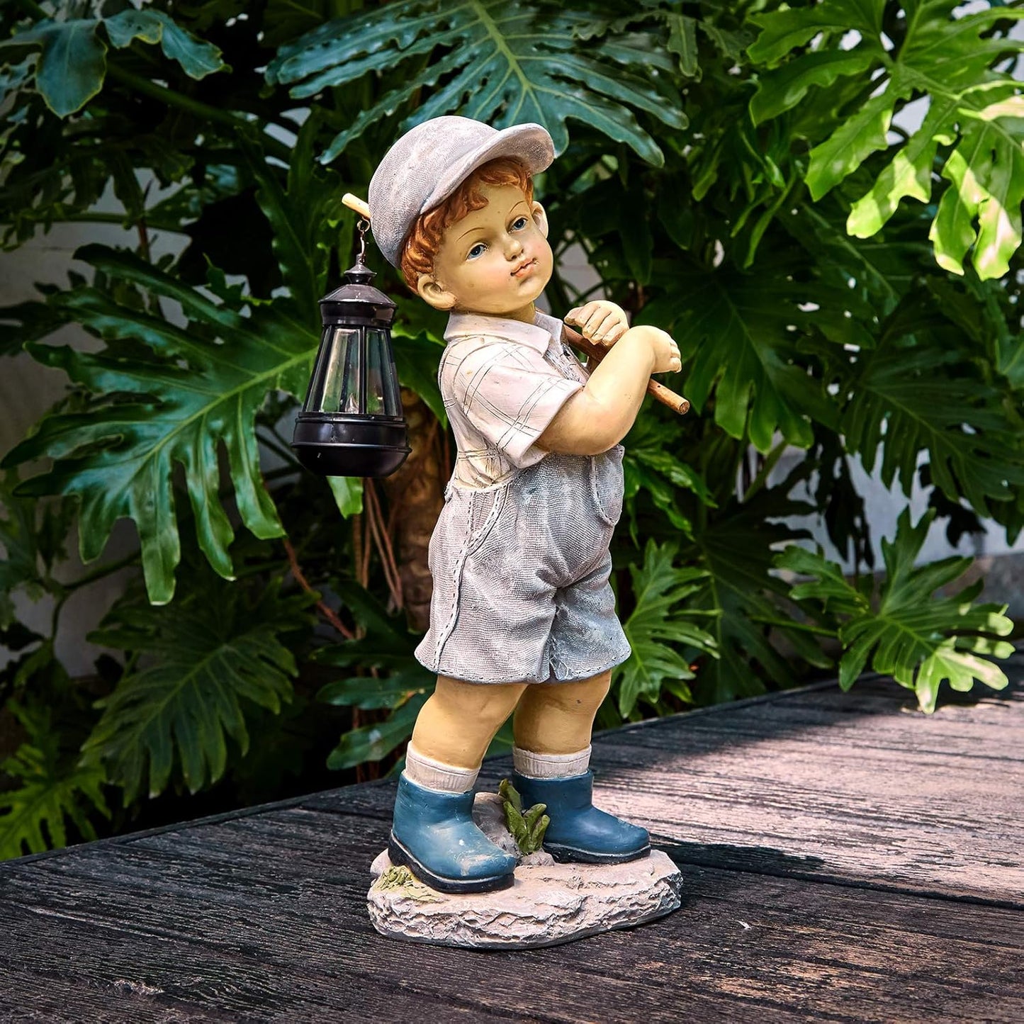 Solar Boy Statue, Boy Garden Statues with Solar Lantern for Garden, Patio, Lawn, Yard, Housewarming, Hand-Painted Sculpted Figure, 17.5”H