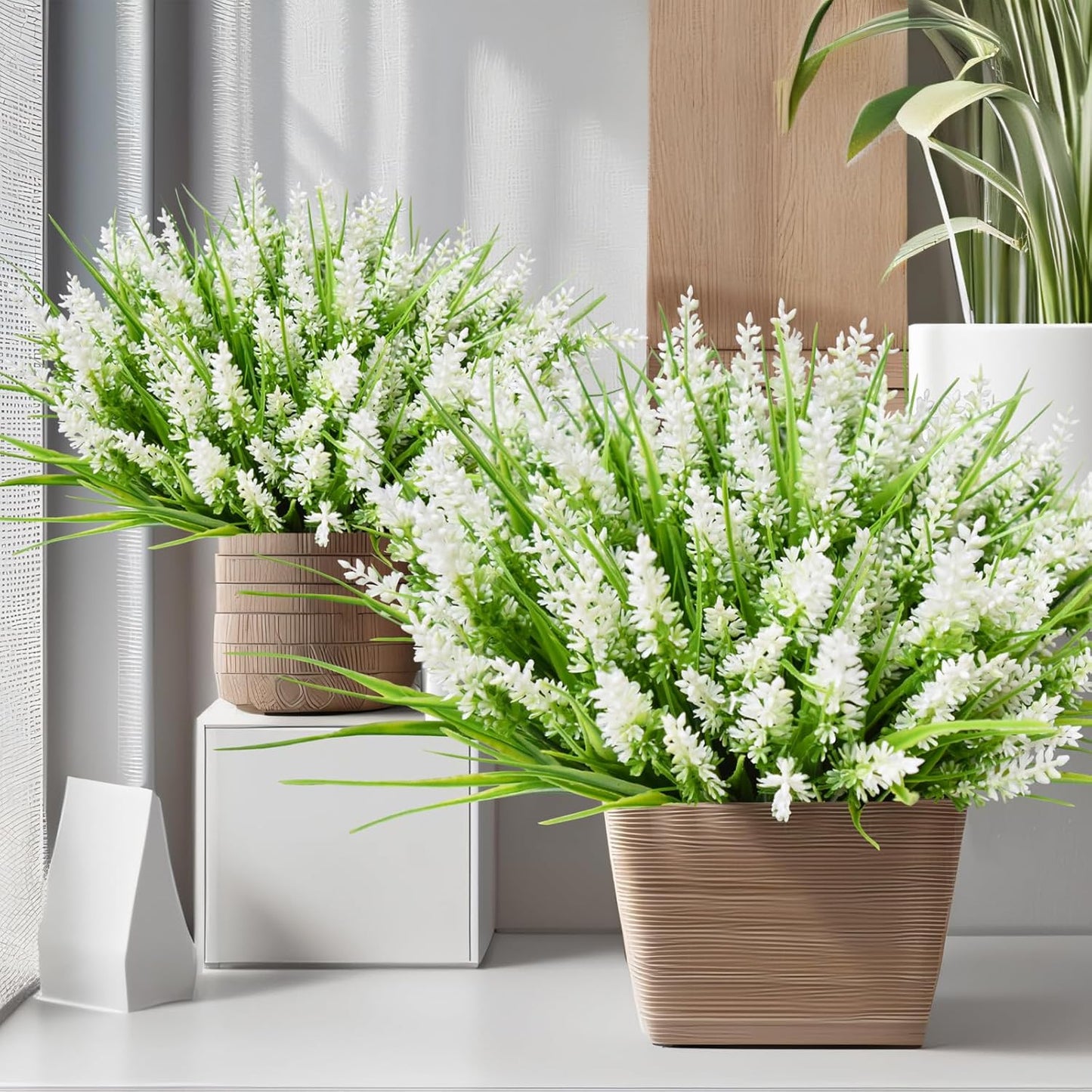 12 Bundles Outdoor Artificial Plants and Flowers, UV Resistant Faux Monkey Grass with Lavender and Fake Plastic Greenery for Spring Summer Outside Planter Porch Garden Decor, White