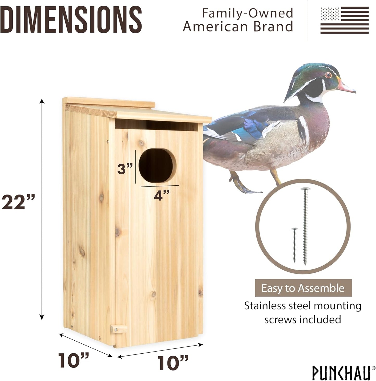 Cedar Wood Duck Houses for Outside - Outdoor Wood Duck Nesting Box and Shelter for Pond and Wetland Ducks - 22x10x10 Inches