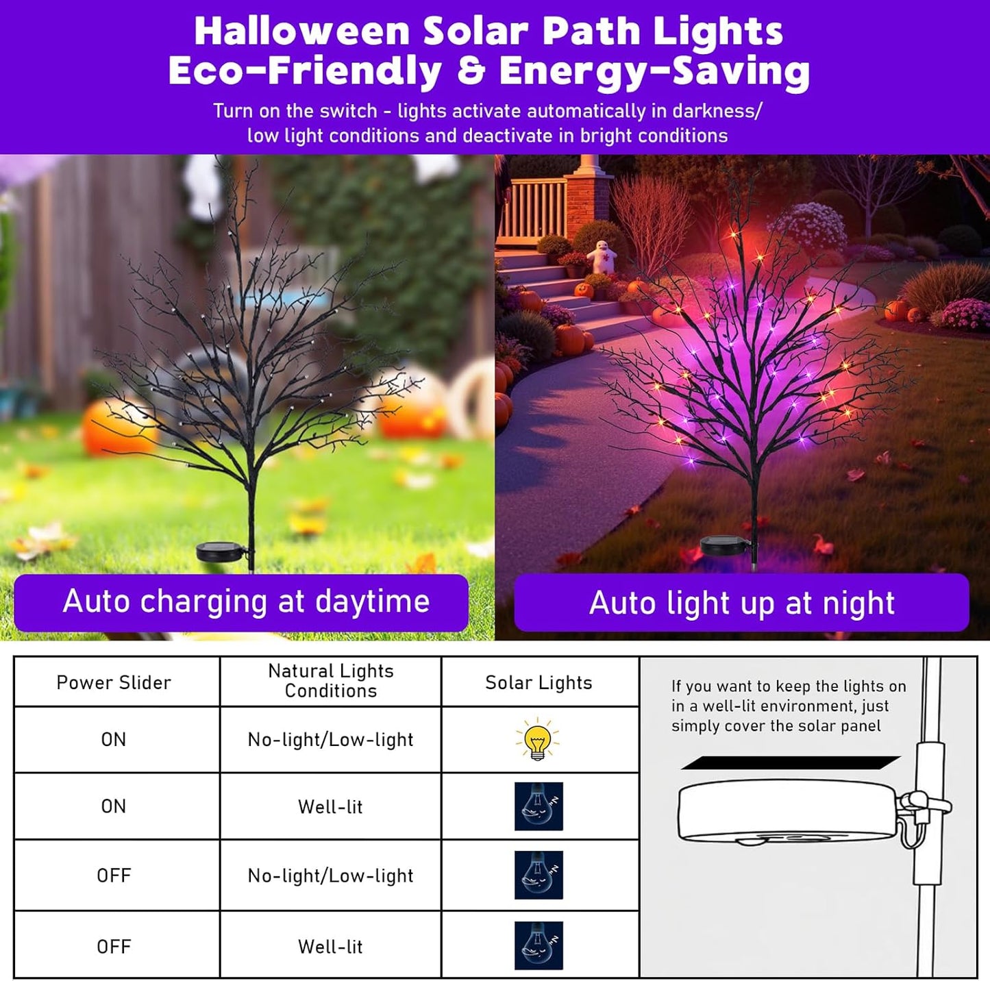 Halloween Solar Pathway Lights 2PCS, Halloween Outdoor Decorations, Artificial Tree Waterproof LED Lights for Lawn Yard Garden Driveway Porch Walkway, Auto On/Off