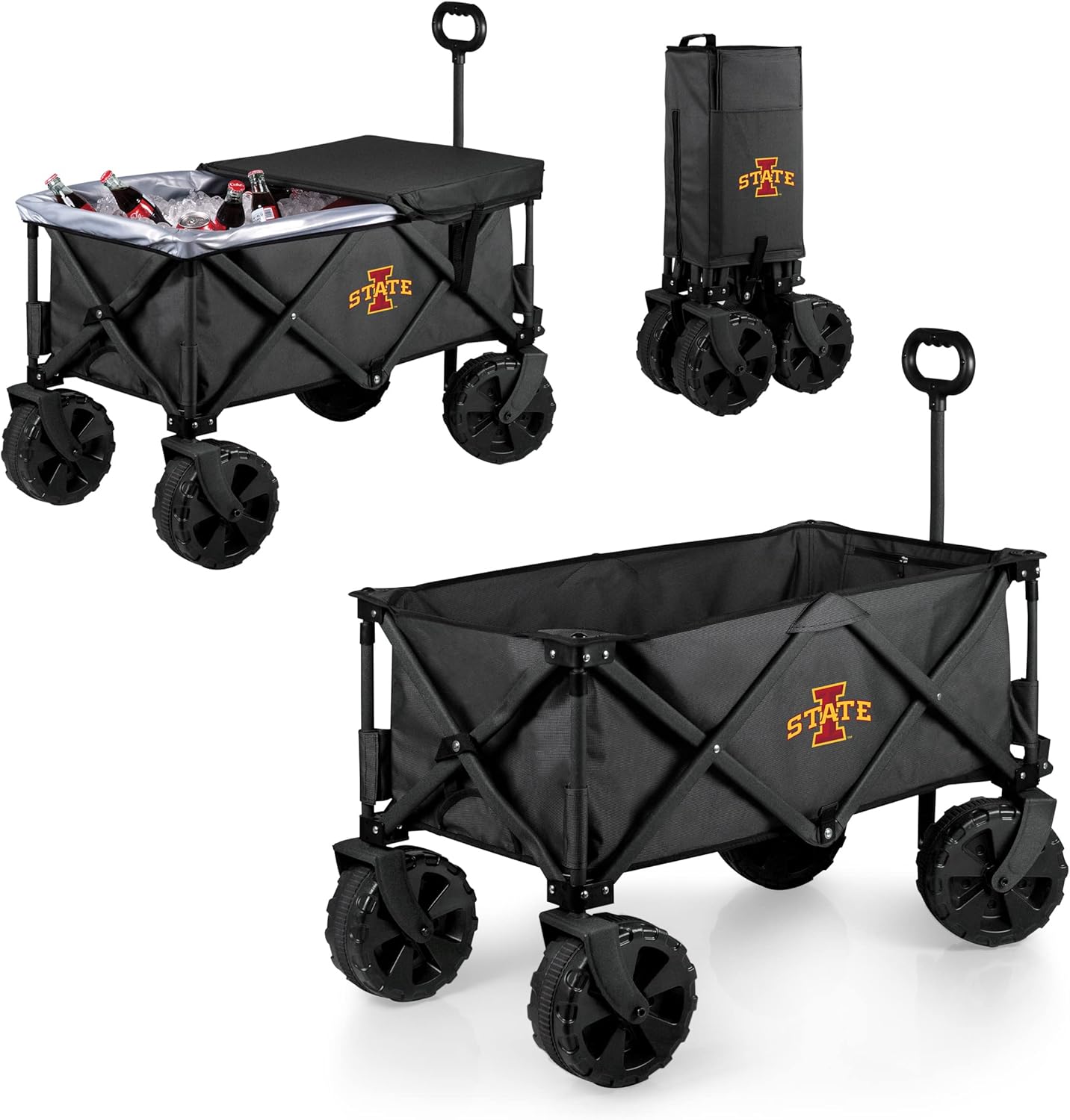 PICNIC TIME NCAA Adventure Wagon Elite All-Terrain Folding Beach Wagon with Big Wheels Plus Table Top Lid & Soft Cooler Liner, (Dark Gray)