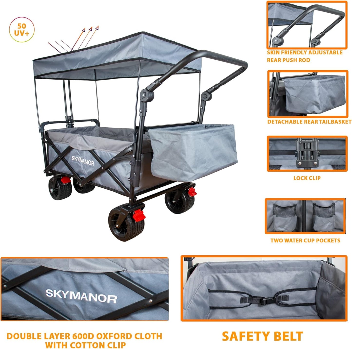 SKYMANOR Collapsible Wagon Folding Garden Cart with Removable Canopy Utility Heavy Duty Wagon Cart with All-Terrain Wheel Storage Brake for Camping Shopping (Upgraded Canopy-Gray Splicing)