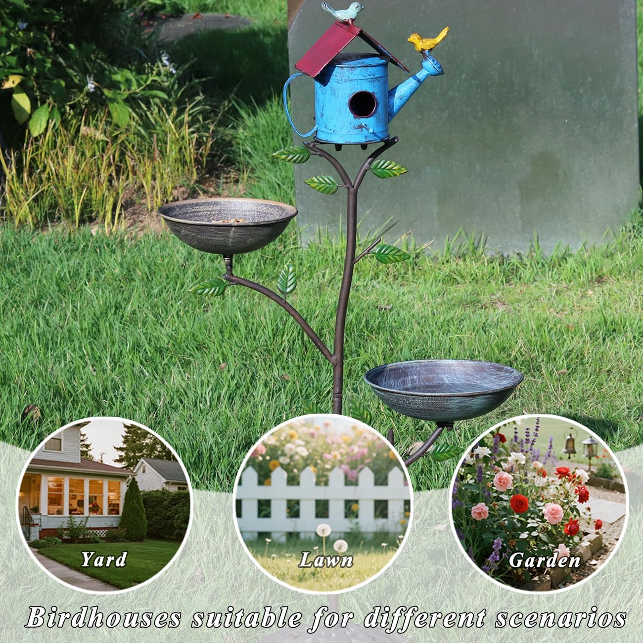 Metal Birdhouse Outdoor, Birdhouse Pole – Integrates Bird Feeder and Bird Bath, 3-in-1 Multi-Functional for Yard Decorations Outdoor, Cast Iron Base
