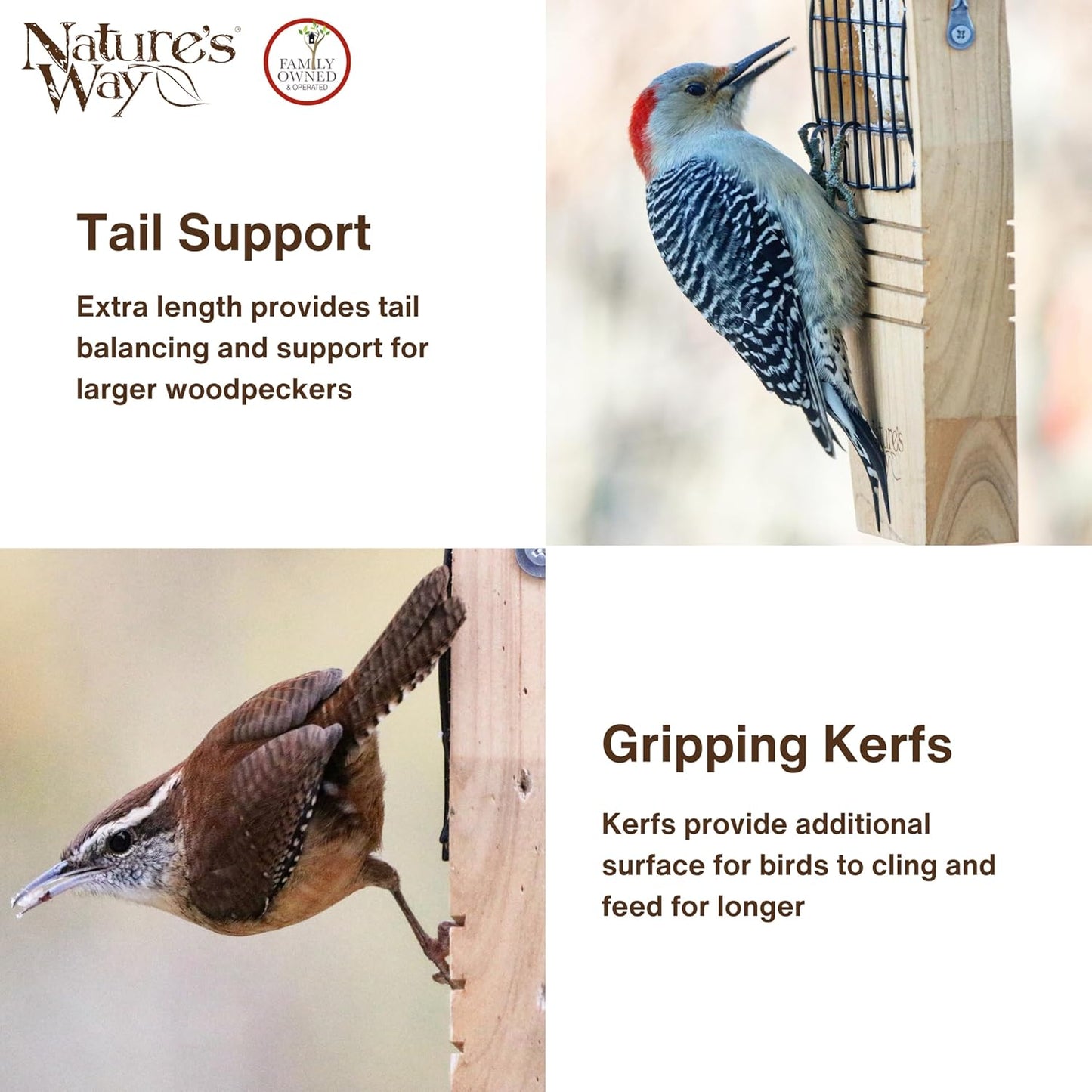 Nature’s Way Cedar Woodpecker Suet Feeder with Tail Support, Heavy-Duty Wood Design, 1 Suet Cake Capacity, Black Weather Guard Roof