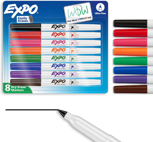 EXPO Dry Erase Markers, Low Odor Ink, Assorted Colors, Ultra Fine Tip,