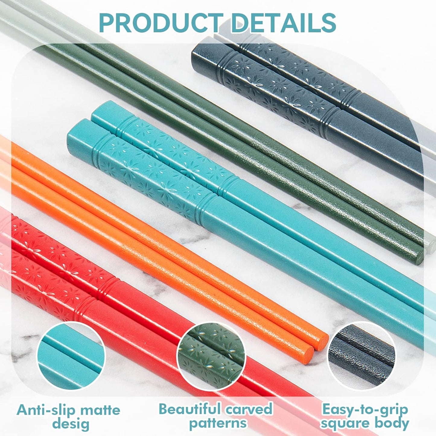 5 Pairs Dishwasher Safe Fiberglass Chopsticks Set,9.5 Inch Reusable Japanese Chinese Chopsticks , Non-Slip, Easy to Use (colorful ) (9.5 inch, colorful)