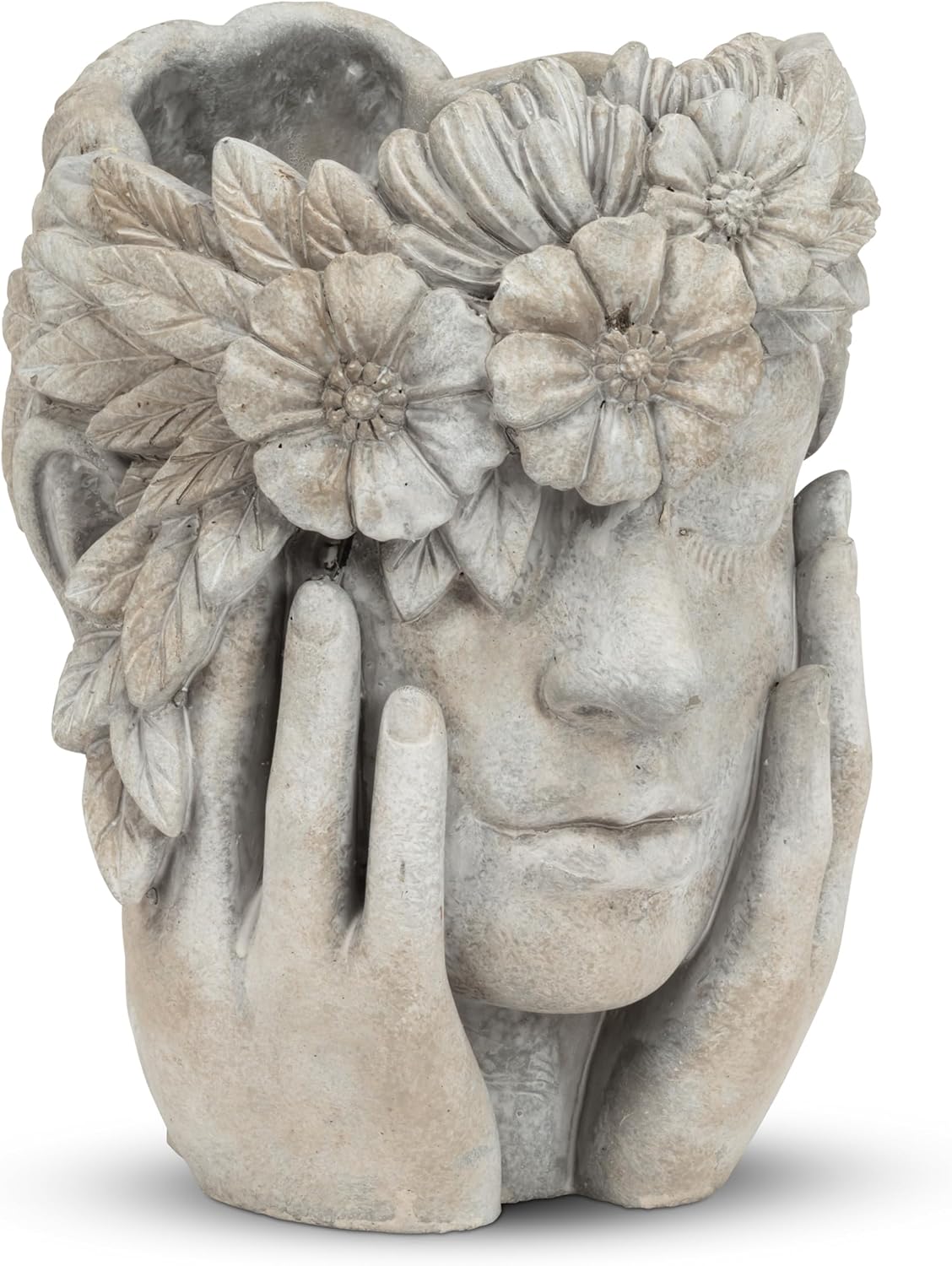 Abbott Collection Woman with Flower Halo Planter - Cement, Grey, 9.5" H (5" D Opening)