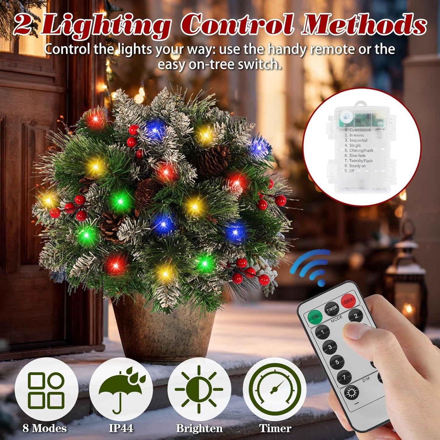 Lighted Artificial Christmas Urn Filler, 2 Pack Small Xmas Pine Tree Outdoor Decorations with Cones, Red Berries & 50 LED Lights, Light Up Planter Filler Decor for Porch Yard, Garden, Cemetery