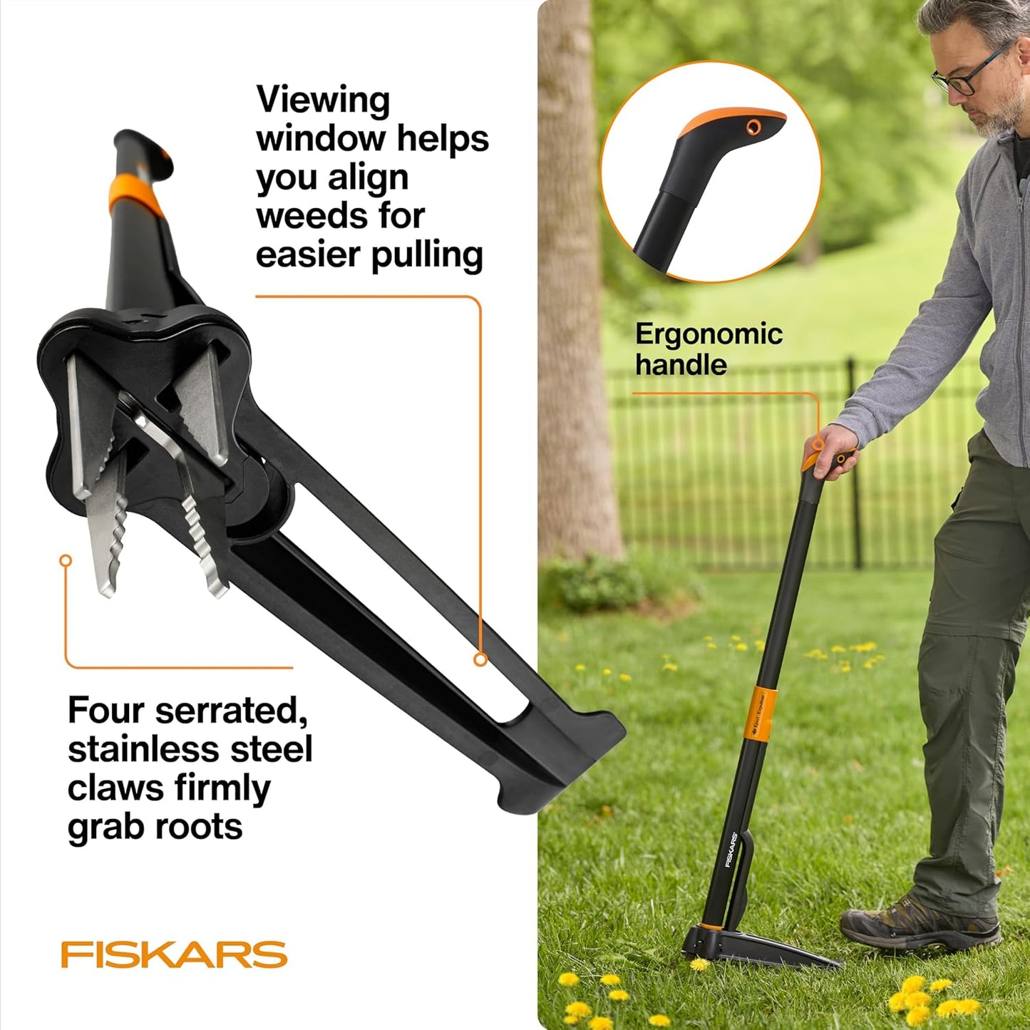 Fiskars 4-Claw Stand Up Weed Puller Tool, Gardening Hand Weeding Tool 