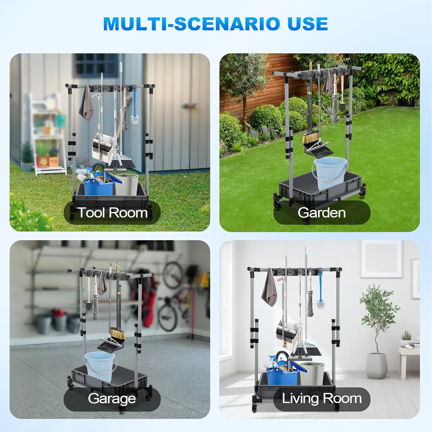 Broom and Mop Holder Freestanding Mobile Cleaning Tool Storage Rack,Fl