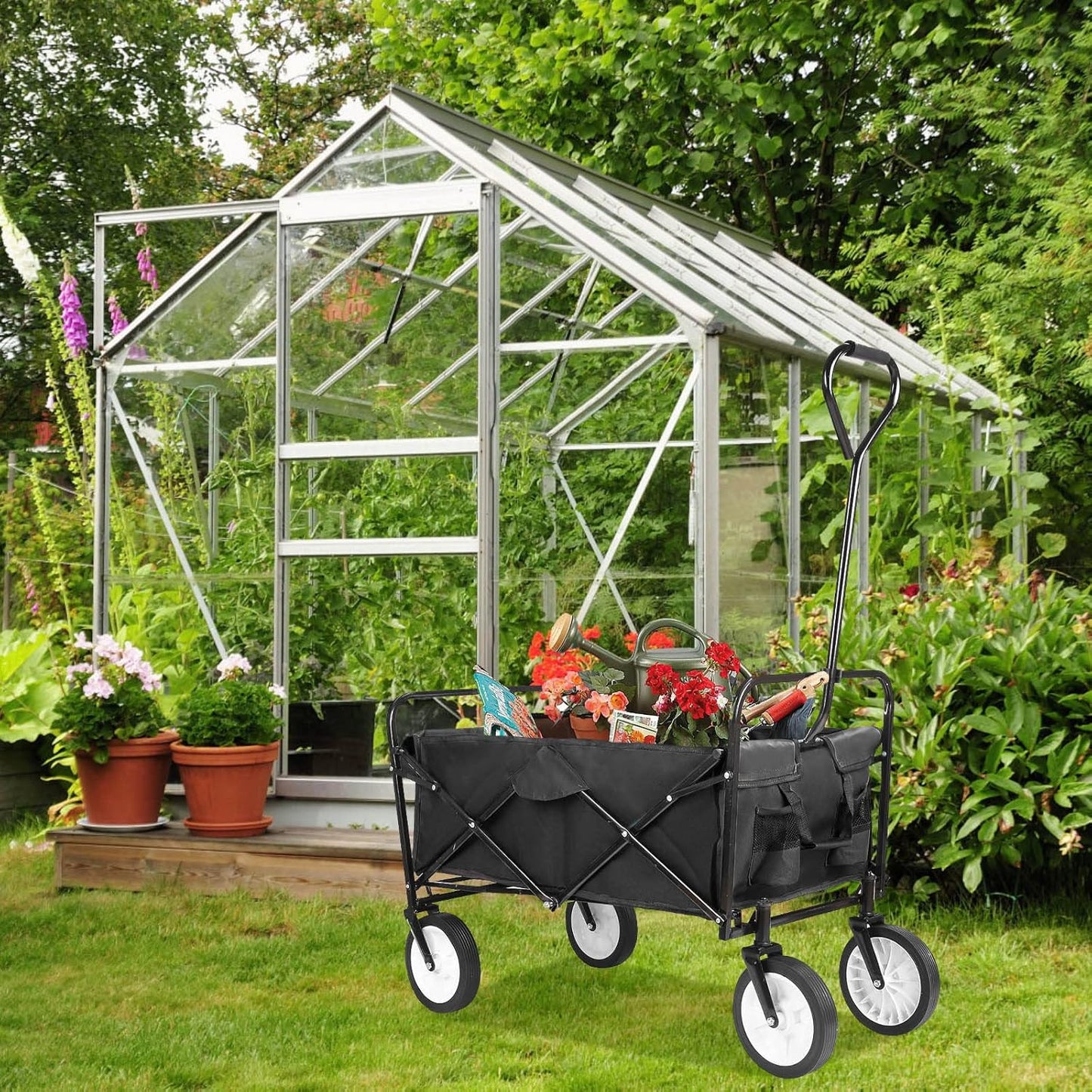 Heavy-Duty Collapsible Utility Wagon - 262L Capacity, One-Pull Foldable Cart with Durable Steel Frame, Rubber Wheel, Comfortable Grip - Great for Groceries, Shopping, Camping - Portable and Spacious