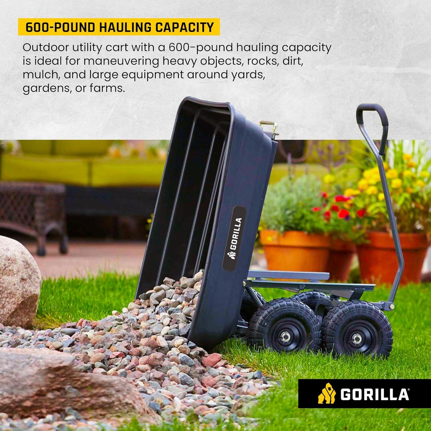 Gorilla Carts Poly Garden Dump Cart, 4 Cu Ft Tub, 600 lb Haul Capacity