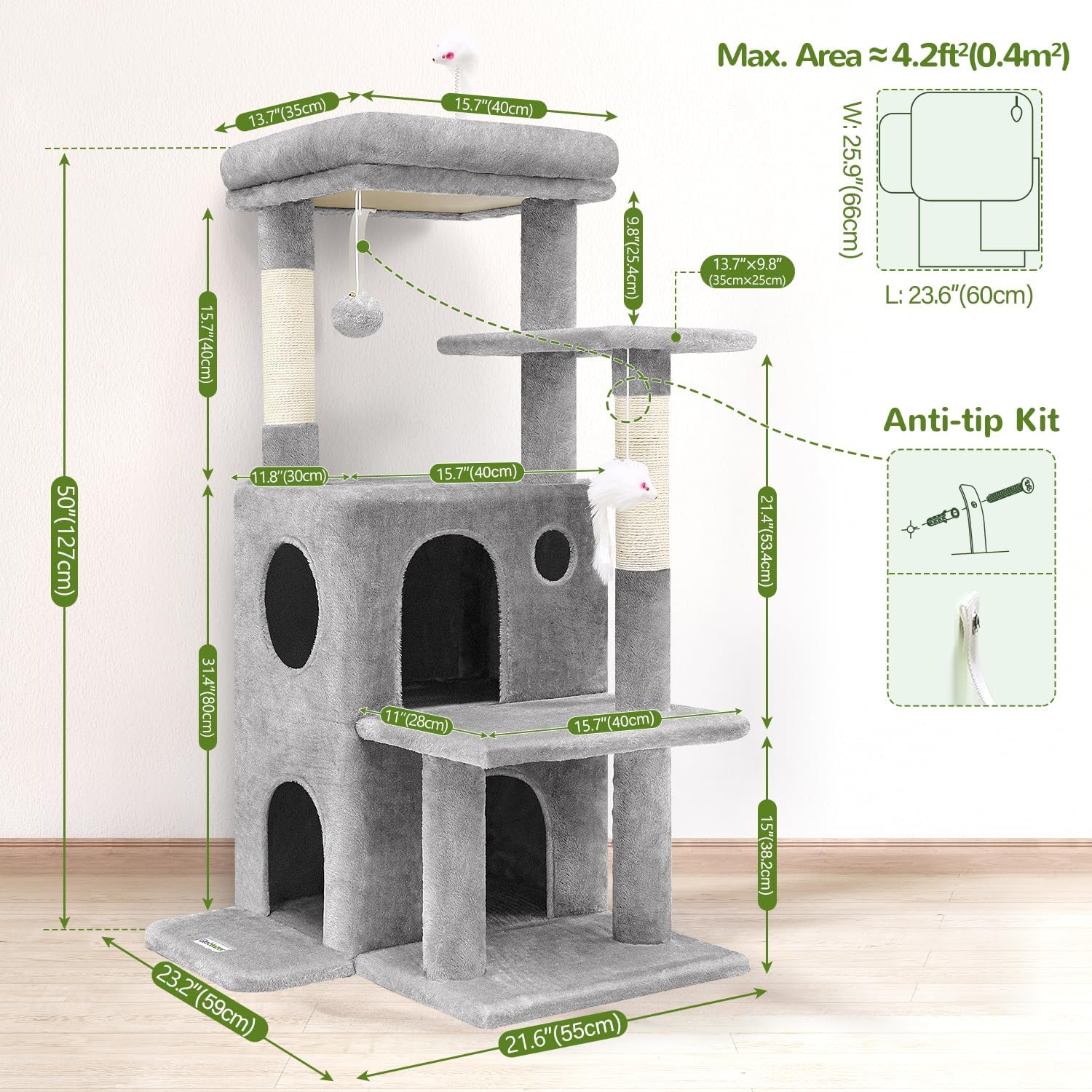 Globlazer Cat Tree Tower for Indoor Cats, 50-inch Adult Cat Tree House