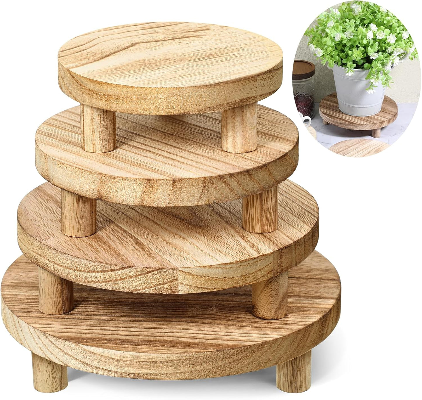 4 PCS Wooden Risers for Display, Wood Stool Round Pedestal Stand 8/7/6/5 Inch Mini Rustic Tiered Tray Riser Flower Pot Small Planter Holder for Home Kitchen Desktop Counter Room Patio Décor