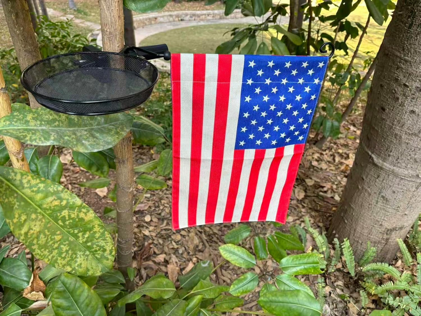 Railing Bird Feeder with Patriotic Garden Flag for Balcony/Deck/Porch 8" Platform Bird Seed Tray and Patriots Flag Handrail/Fence/Pole Mount