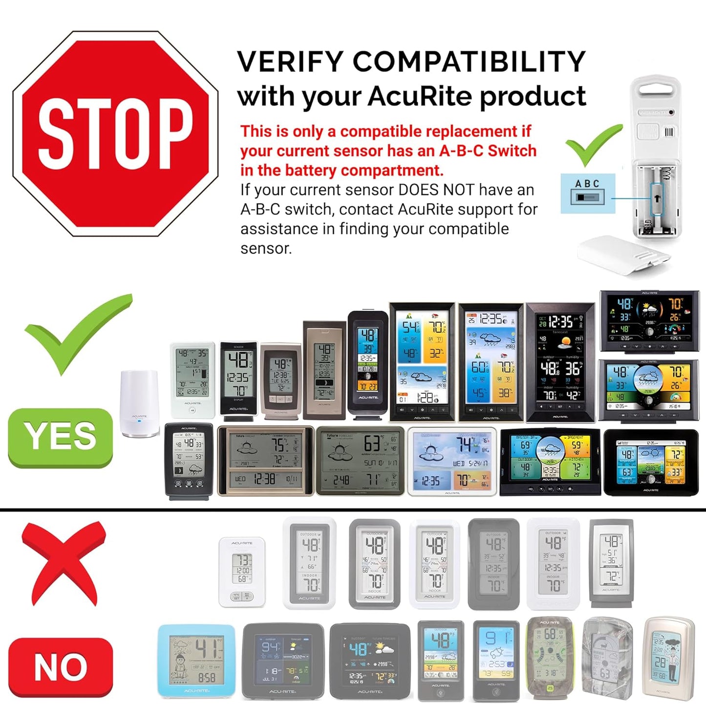 AcuRite Wireless Indoor Outdoor Temperature and Humidity Sensor with A-B-C Switch (06002M / 592TXR)