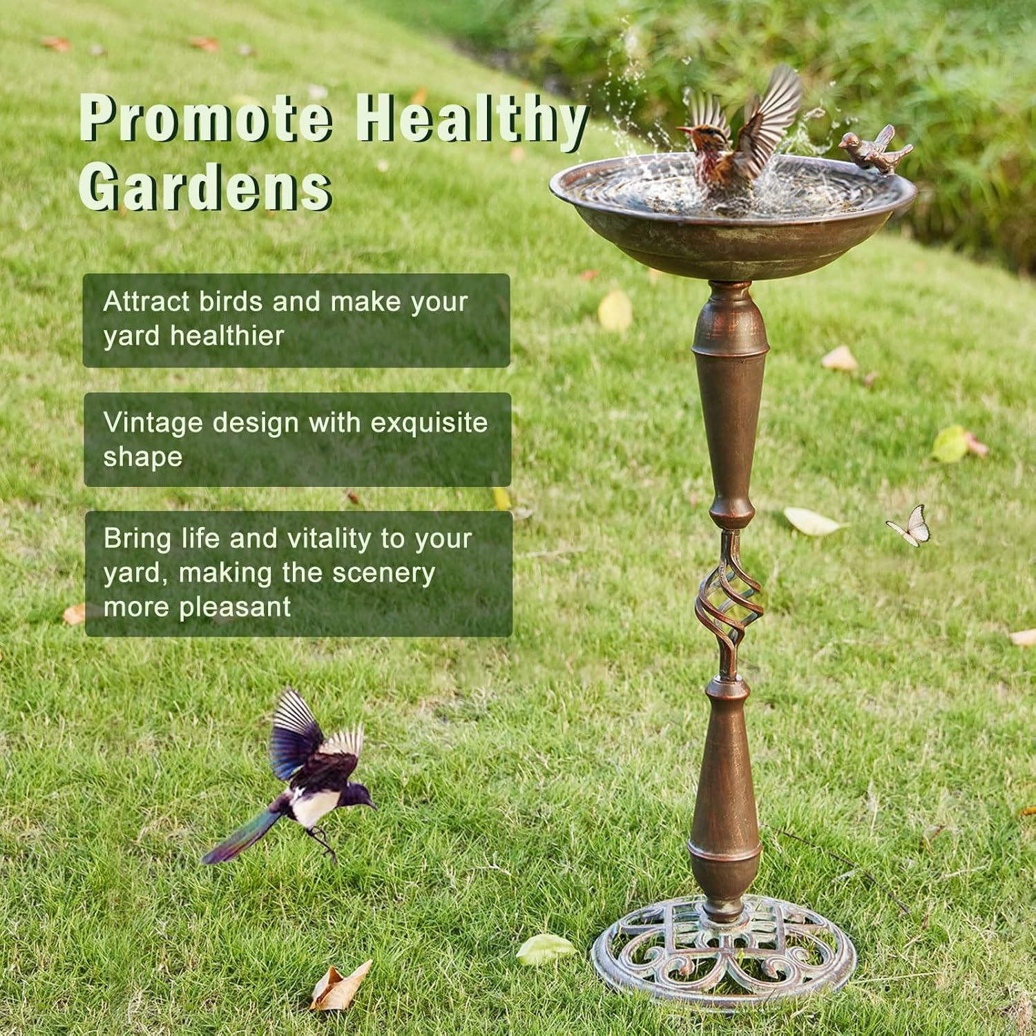 27.5’’H Cast Iron Pedestal Bird Bath，Metal Bird Bath for Outdoor，Vinta