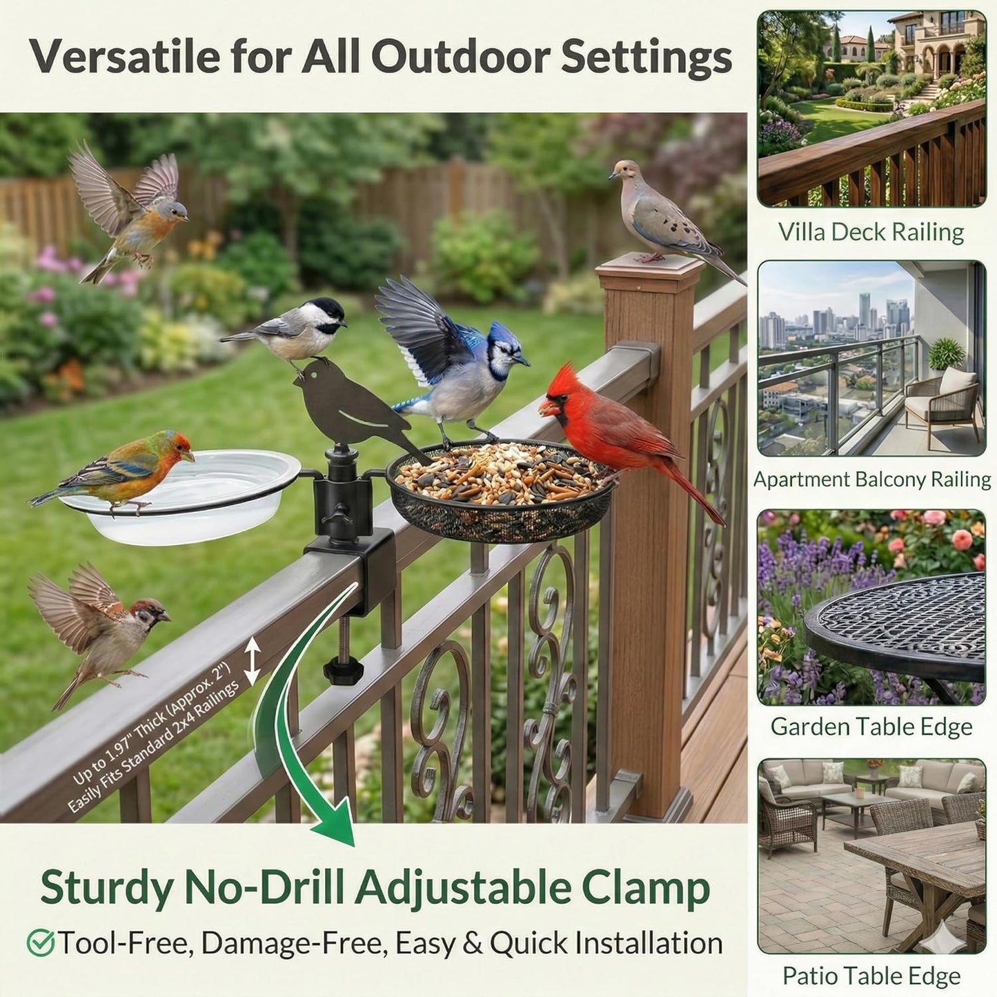 Deck Bird Feeder for Balcony Railing, No-Drill Adjustable Clamp Mount, Heavy-Duty Metal Mesh Platform Tray, Windproof Removable Water Bowl Bird Bath, Feeding Station for Wild Birds with Cleaning Brush
