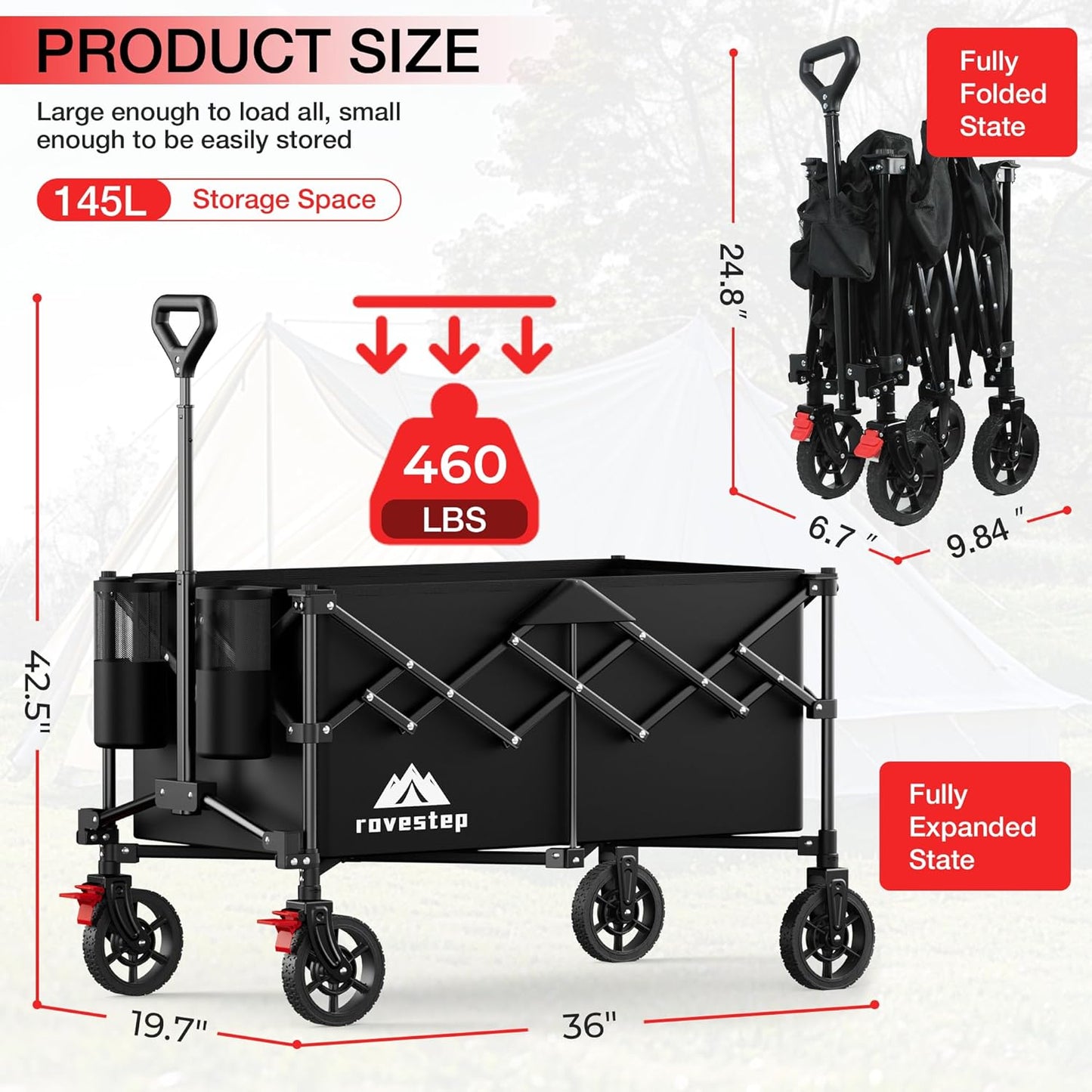 Collapsible Wagon Cart Heavy Duty Utility Carts with All Terrain Wheels for Garden, Grocery, Camping, Sports, Shopping, and Outdoor Use - 460lbs Capacity, Foldable, Portable, 145L Large Wagon