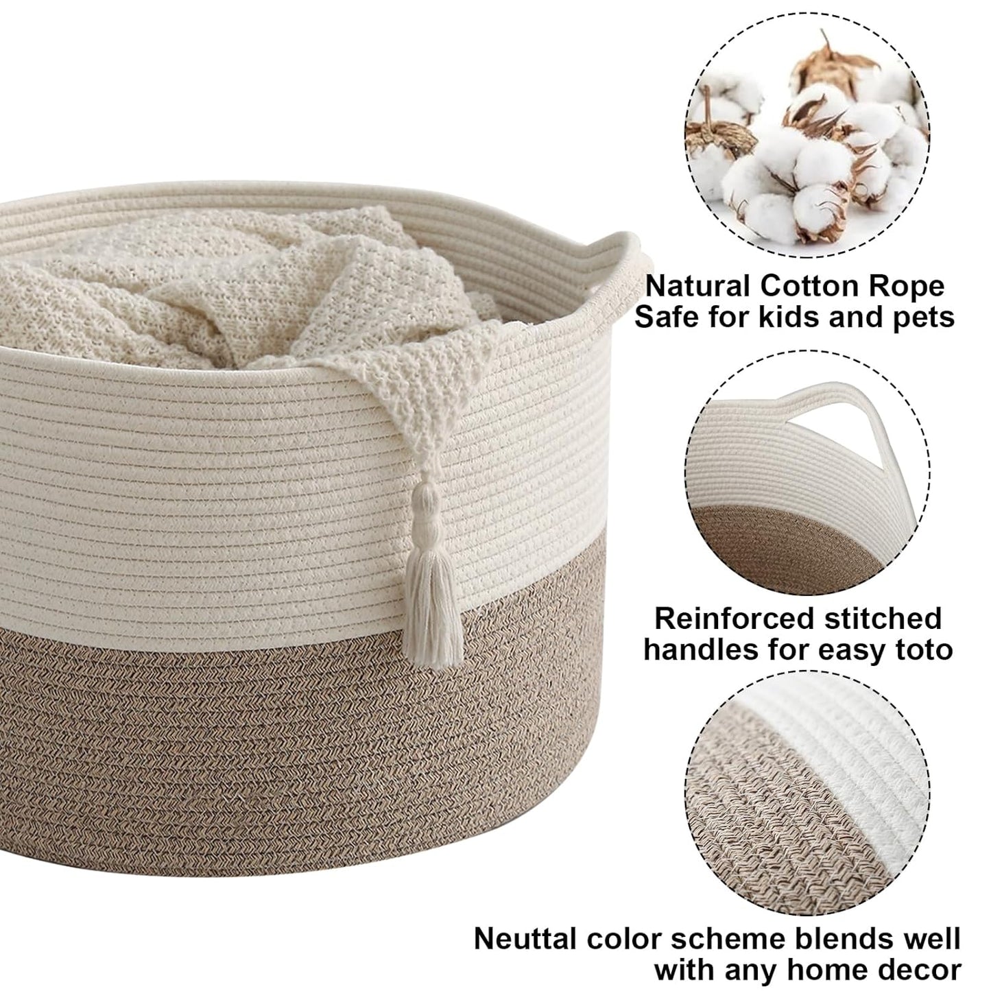 65L Large Blanket Basket,19.7" L x 19.7" W x 13" H Rope Woven Baskets 